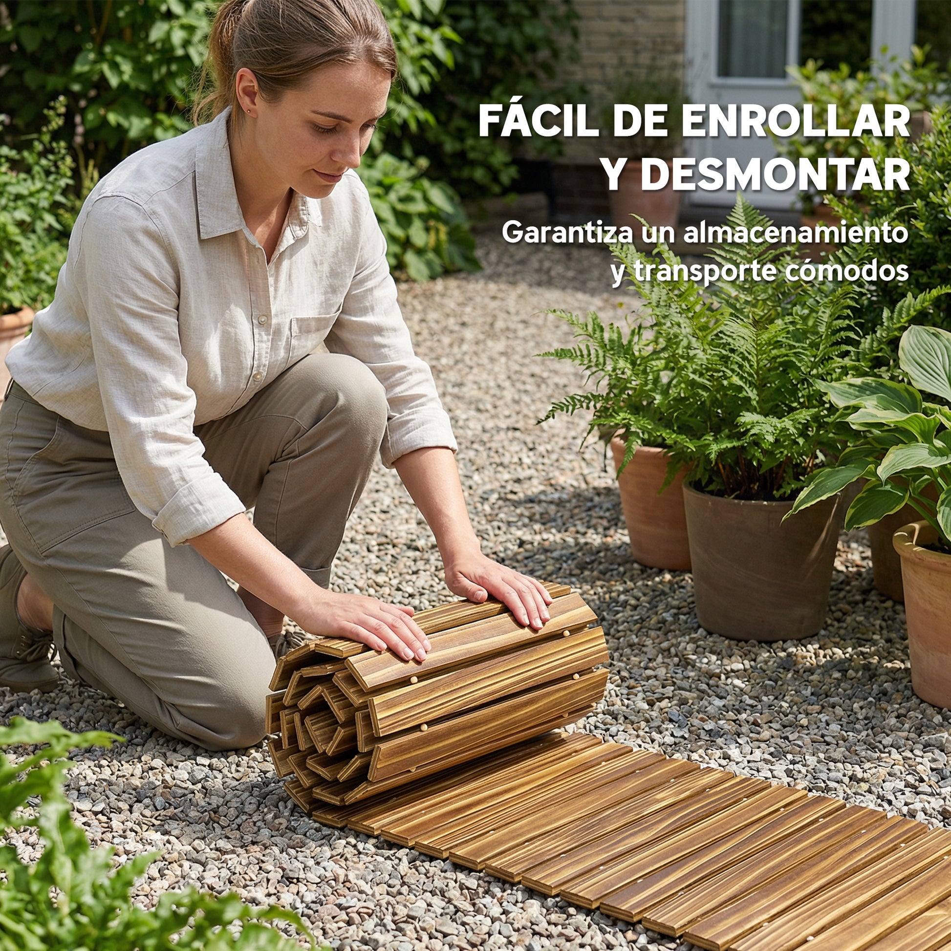 Outsunny Camino de Jardín de Madera 120x38 cm Pasarela Recta Enrollable para Exteriores Resistente a la Intemperie Decorativo de Jardín para Playa Boda Fiesta Carbonizado