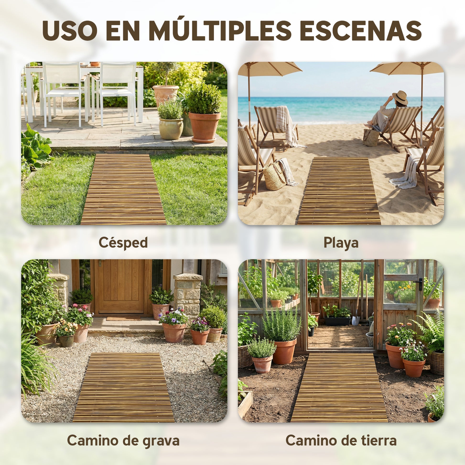 Outsunny Camino de Jardín de Madera 120x38 cm Pasarela Recta Enrollable para Exteriores Resistente a la Intemperie Decorativo de Jardín para Playa Boda Fiesta Carbonizado