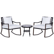 Outsunny Conjunto de Muebles de Ratán para Jardín Patio Hotel con Mesa Ø51x46 cm y 2 Sillas Mecedoras 65,5x76x82,5 cm con Cojines Lavables y Almohadas Blanco y Marrón