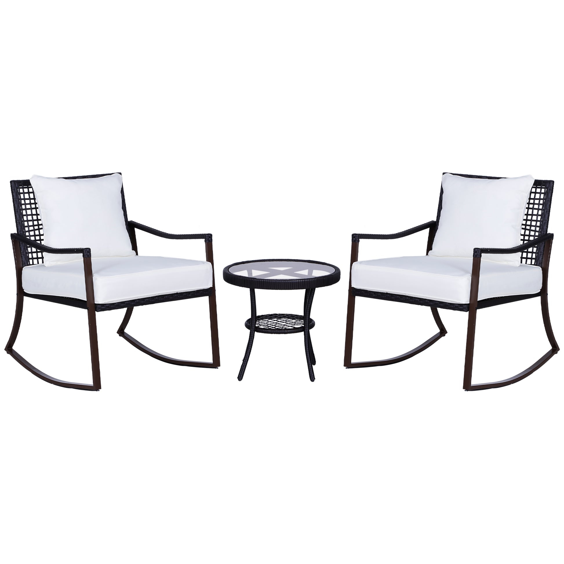 Outsunny Conjunto de Muebles de Ratán para Jardín Patio Hotel con Mesa Ø51x46 cm y 2 Sillas Mecedoras 65,5x76x82,5 cm con Cojines Lavables y Almohadas Blanco y Marrón