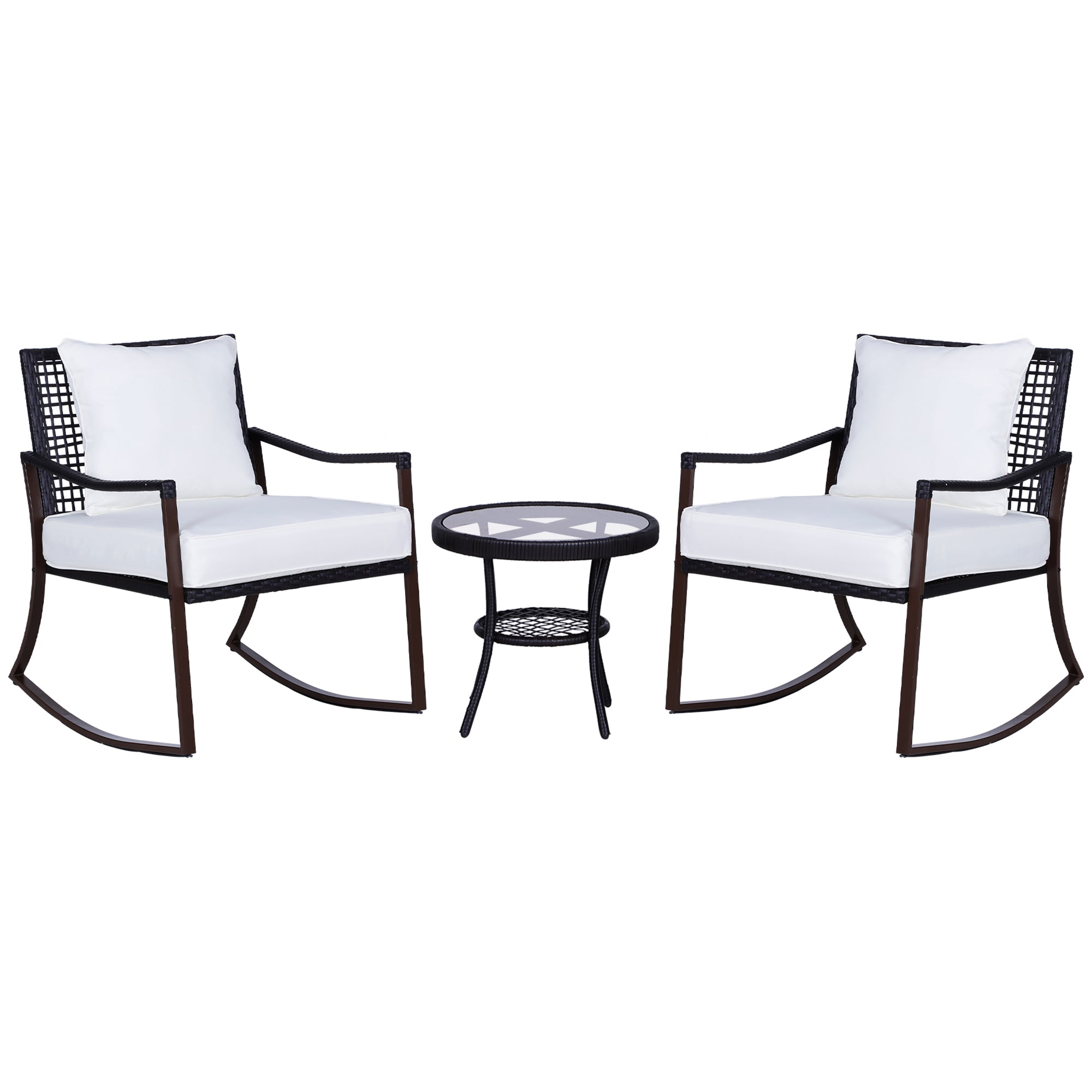 Outsunny Conjunto de Muebles de Ratán para Jardín Patio Hotel con Mesa Ø51x46 cm y 2 Sillas Mecedoras 65,5x76x82,5 cm con Cojines Lavables y Almohadas Blanco y Marrón