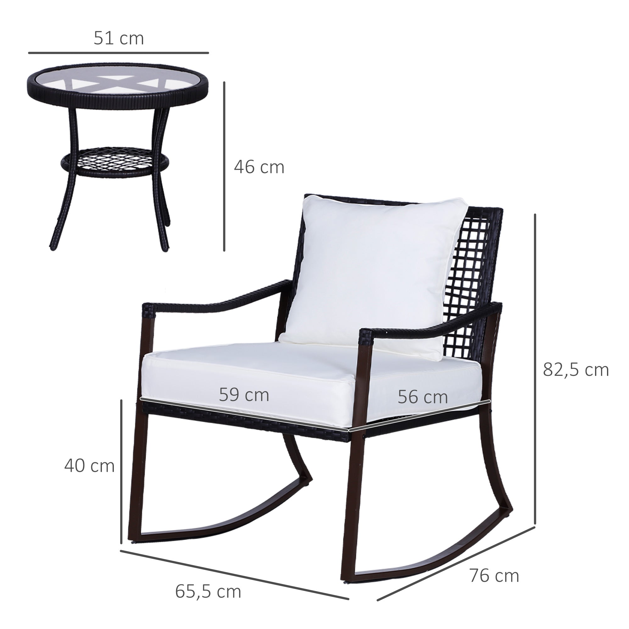 Outsunny Conjunto de Muebles de Ratán para Jardín Patio Hotel con Mesa Ø51x46 cm y 2 Sillas Mecedoras 65,5x76x82,5 cm con Cojines Lavables y Almohadas Blanco y Marrón