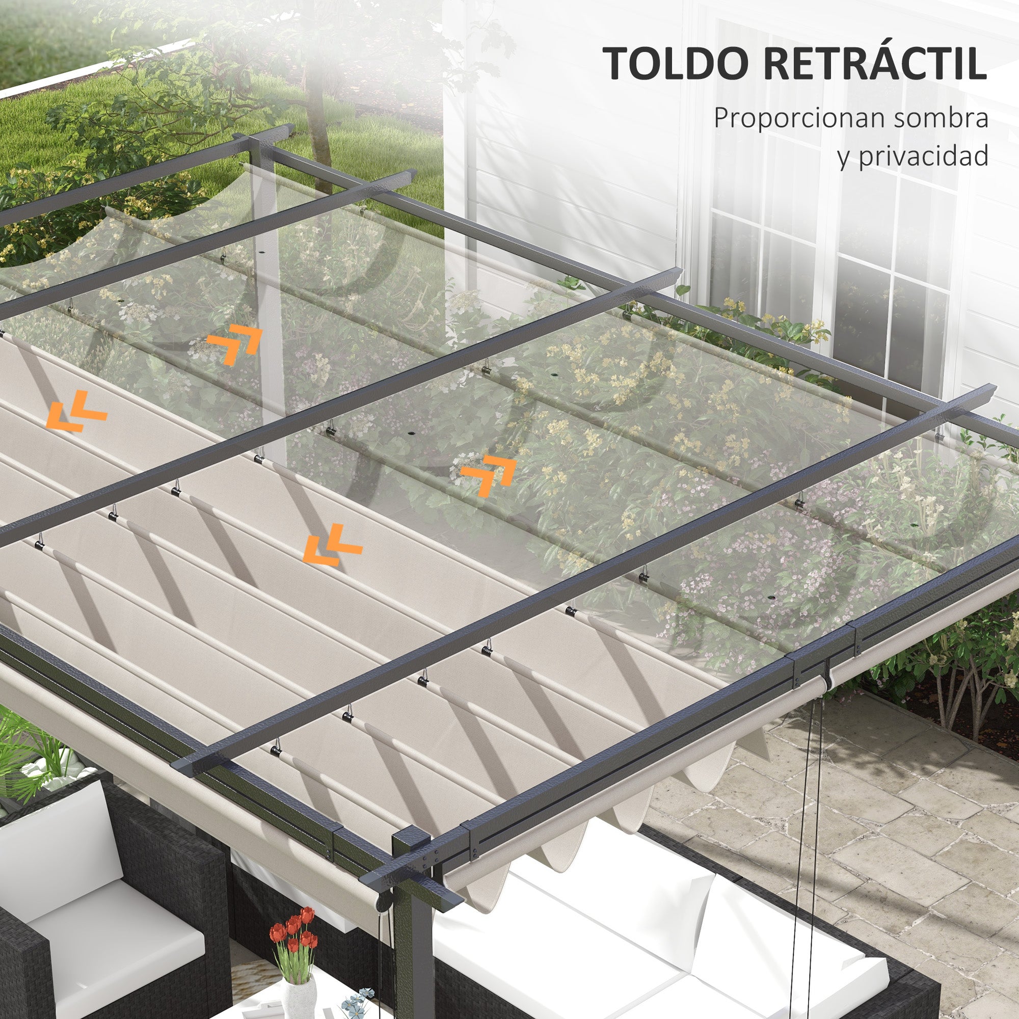 Outsunny Pérgola de Jardín 4x3 m Cenador para Exterior con Techo Retráctil 4 Cortinas Enrollables de Poliéster y Marco de Metal para Patio Terraza Crema