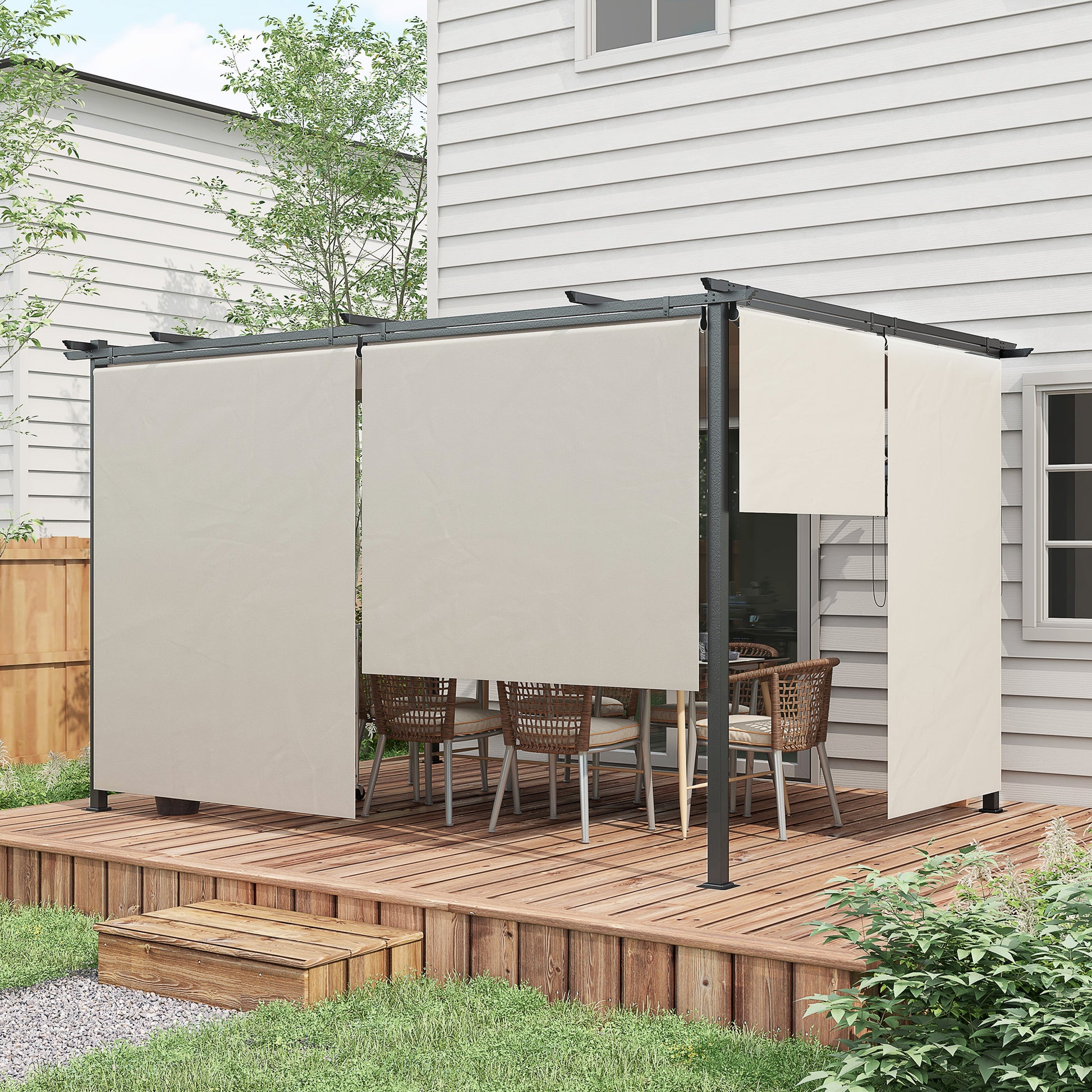 Outsunny Pérgola de Jardín 4x3 m Cenador para Exterior con Techo Retráctil 4 Cortinas Enrollables de Poliéster y Marco de Metal para Patio Terraza Crema