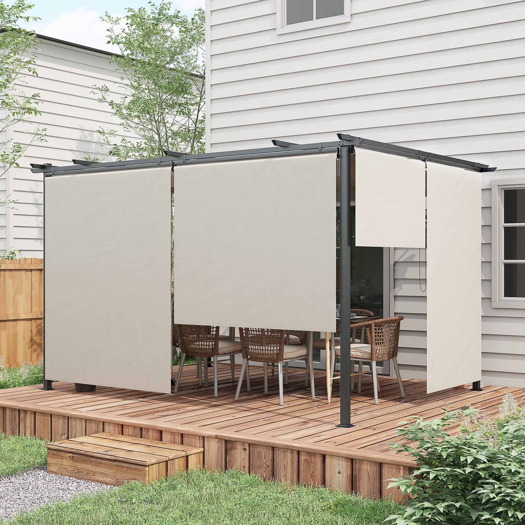 Outsunny Pérgola de Jardín 4x3 m Cenador para Exterior con Techo Retráctil 4 Cortinas Enrollables de Poliéster y Marco de Metal para Patio Terraza Crema