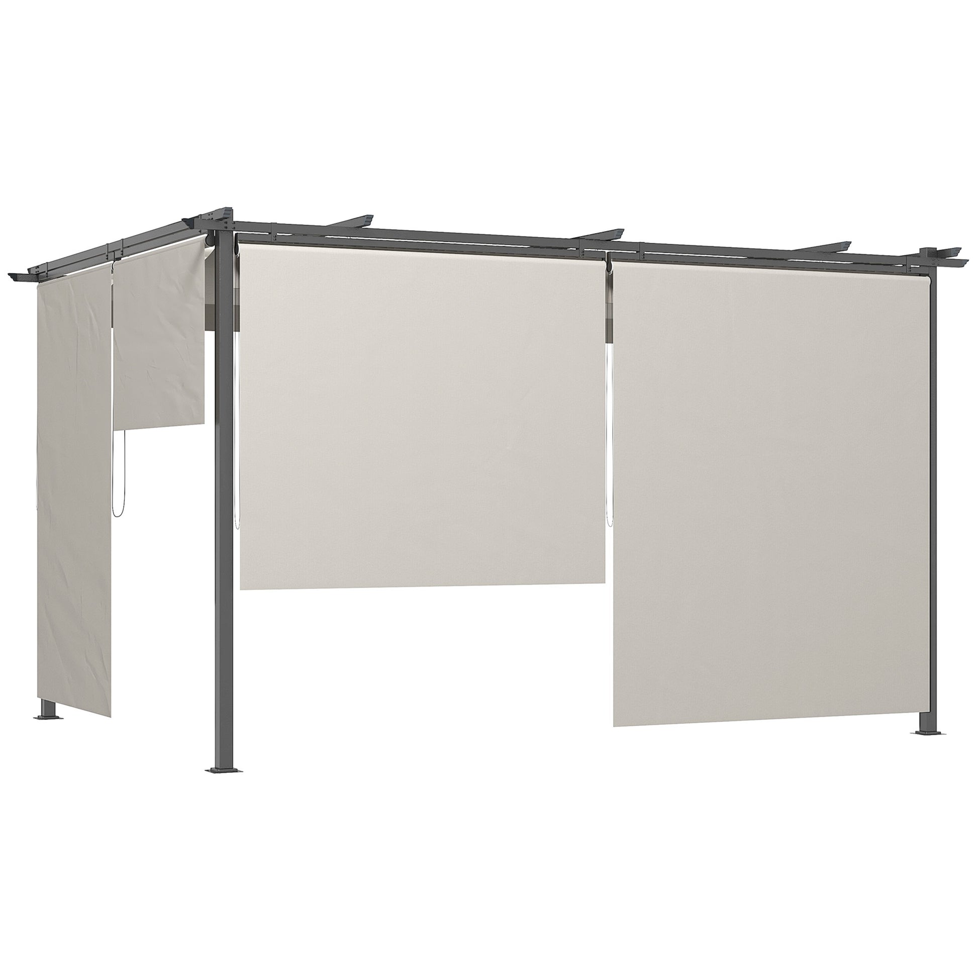 Outsunny Pérgola de Jardín 4x3 m Cenador para Exterior con Techo Retráctil 4 Cortinas Enrollables de Poliéster y Marco de Metal para Patio Terraza Crema
