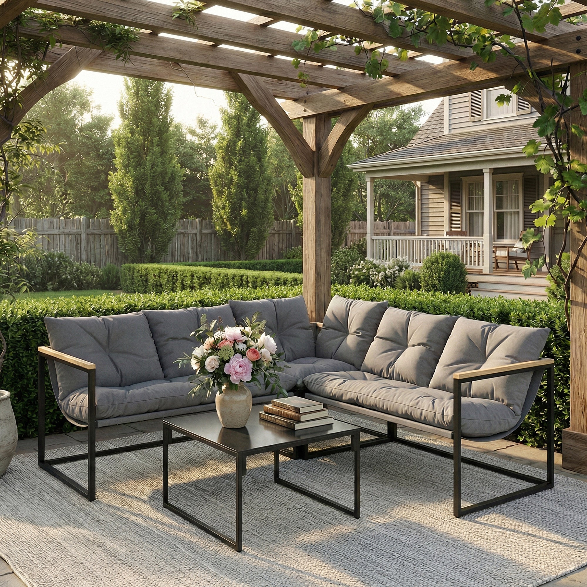 Outsunny Conjunto de Muebles Jardín Exterior de 4 Piezas, Sofá Exterior Seccional Resistente Forma de L con Cojines Gruesos, 2 Sofás de 2 Plazas, Sofá de Esquina y Mesa Centro de Vidrio Templado, Gris