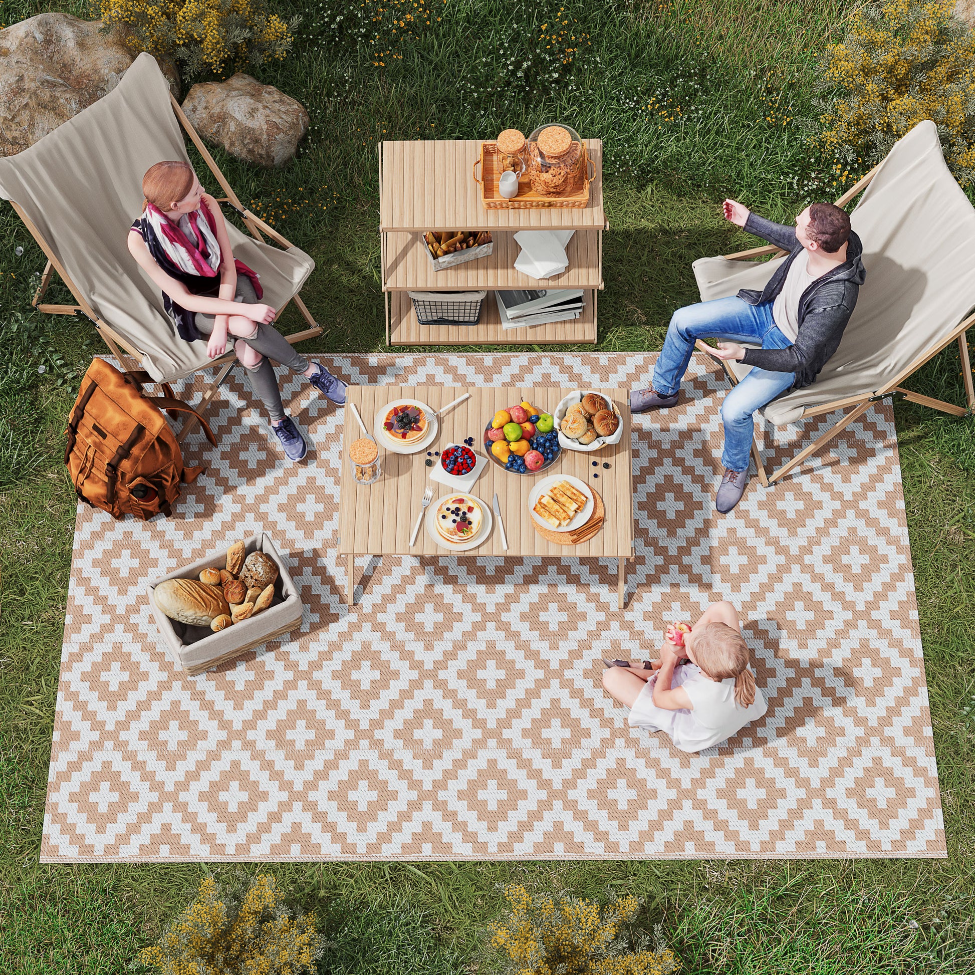 Outsunny Alfombra de Exterior 182x274 cm Alfombra Reversible con Patrón Geométrico de Rombos Impermeable para Terraza Balcón Patio Camping Playa Blanco y Café