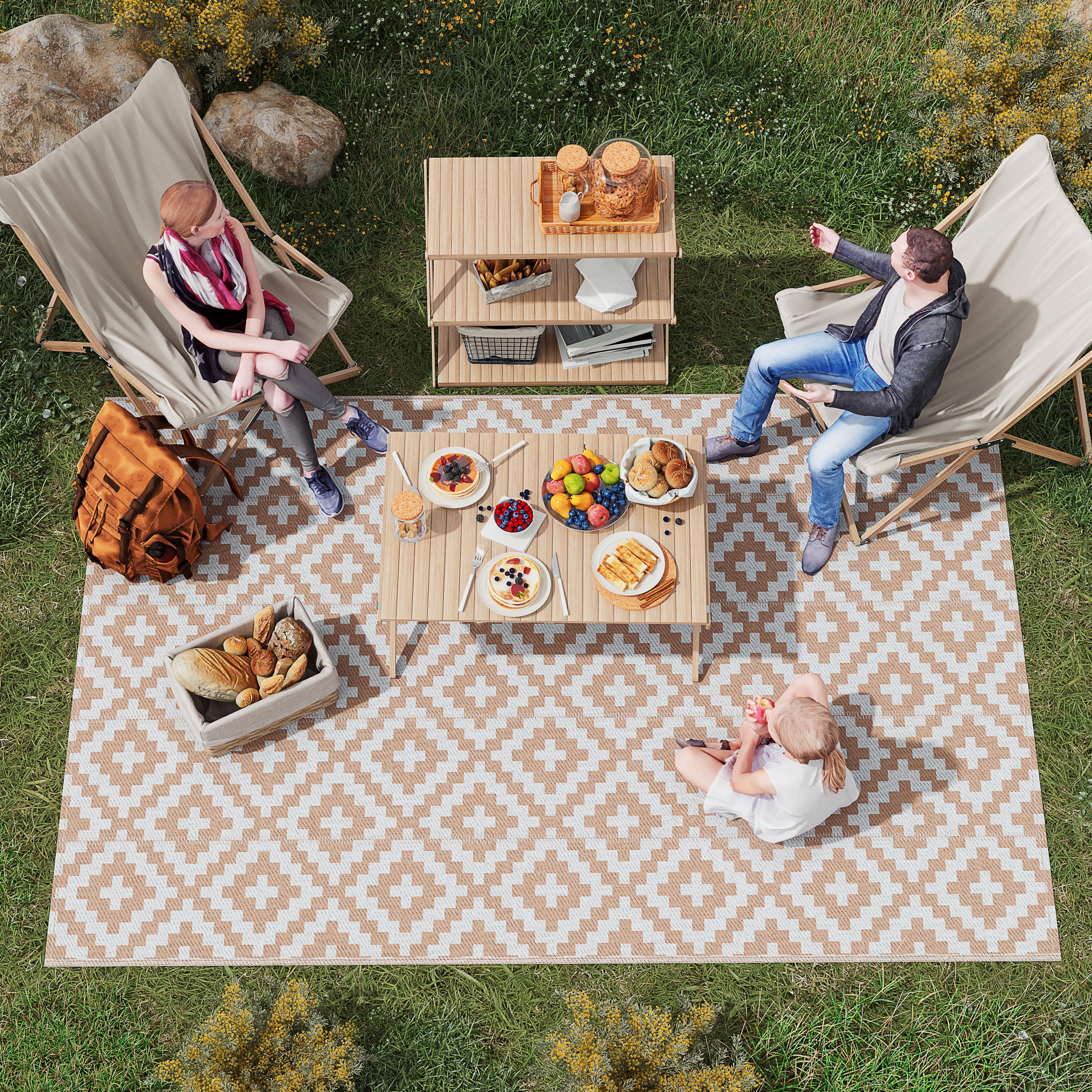 Outsunny Alfombra de Exterior 182x274 cm Alfombra Reversible con Patrón Geométrico de Rombos Impermeable para Terraza Balcón Patio Camping Playa Blanco y Café