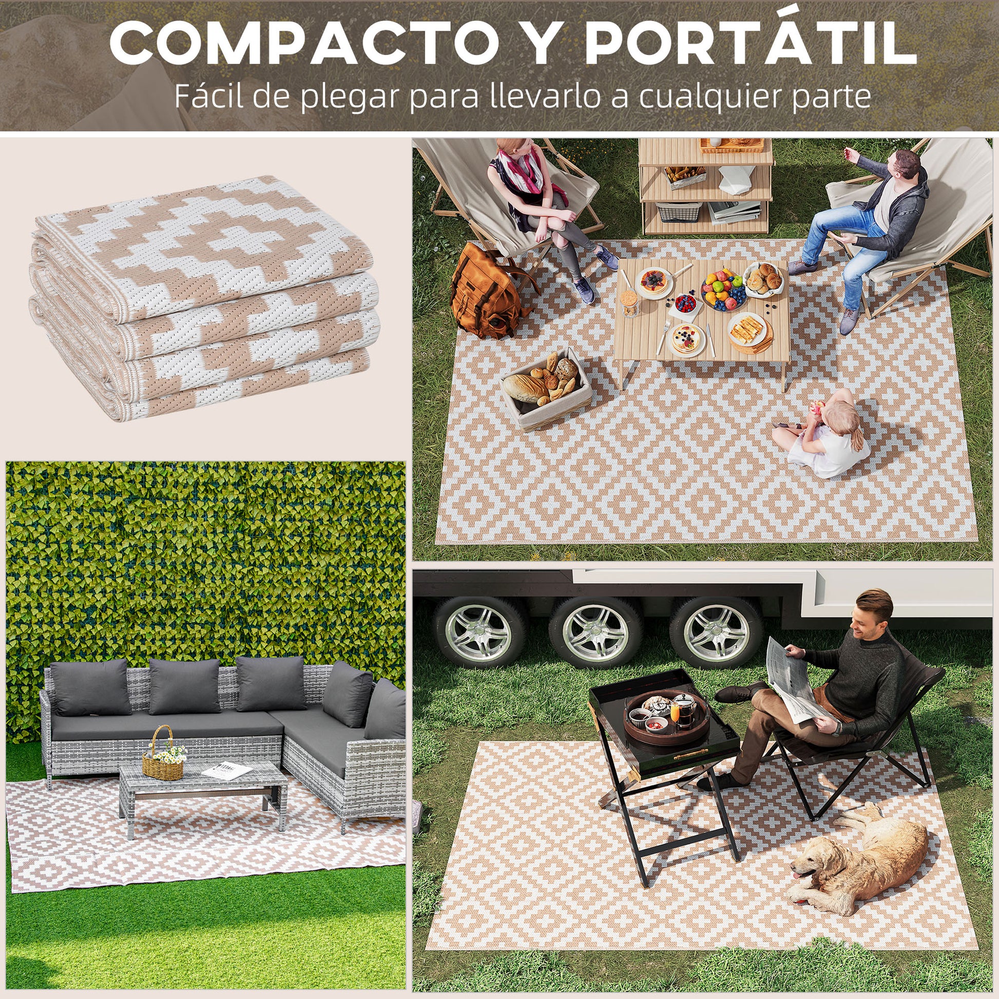 Outsunny Alfombra de Exterior 182x274 cm Alfombra Reversible con Patrón Geométrico de Rombos Impermeable para Terraza Balcón Patio Camping Playa Blanco y Café