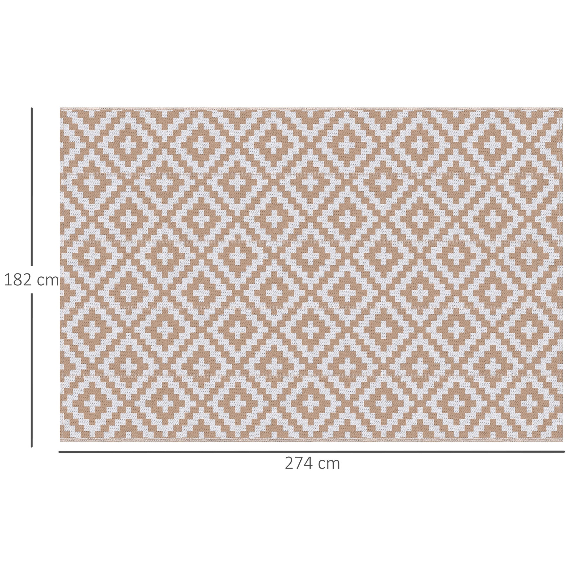 Outsunny Alfombra de Exterior 182x274 cm Alfombra Reversible con Patrón Geométrico de Rombos Impermeable para Terraza Balcón Patio Camping Playa Blanco y Café