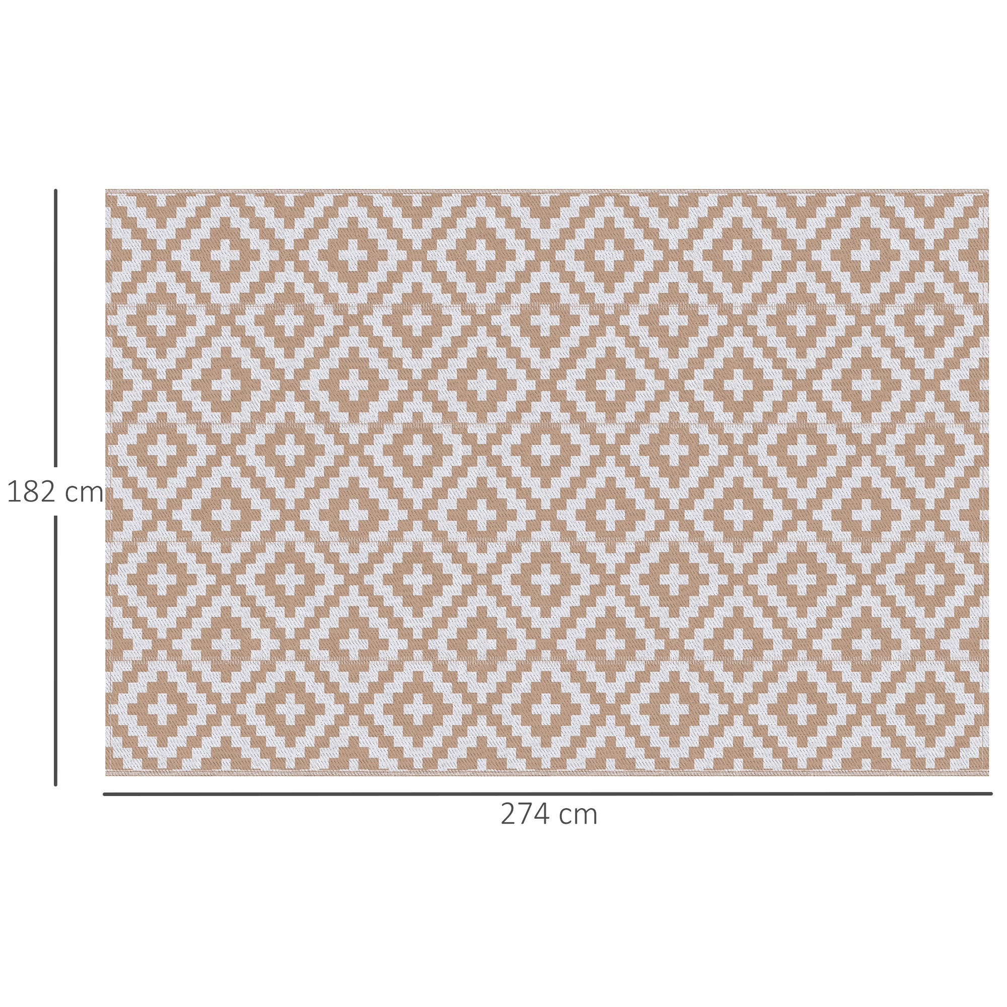Outsunny Alfombra de Exterior 182x274 cm Alfombra Reversible con Patrón Geométrico de Rombos Impermeable para Terraza Balcón Patio Camping Playa Blanco y Café