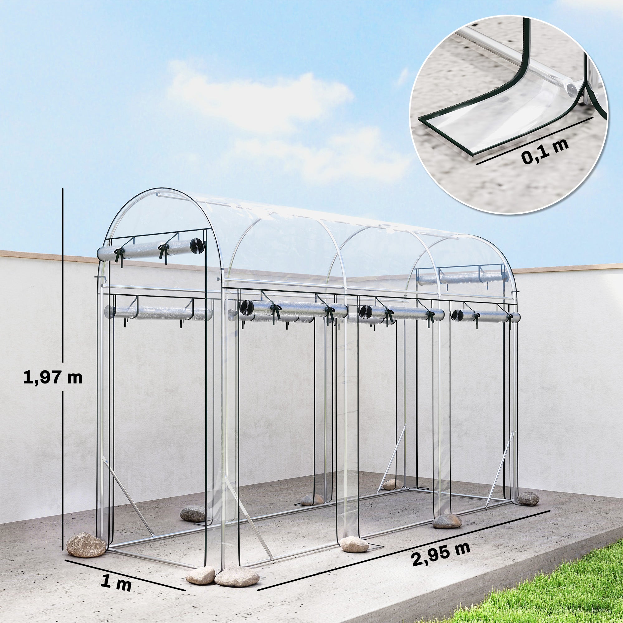 Outsunny Invernadero de Exterior 3x1x2 m, Invernadero de Túnel con 8 Puertas Enrollables, Cubierta de Plástico y Marco de Acero Galvanizado, Anti-UV, Impermeable, para Cultivos, Transparente