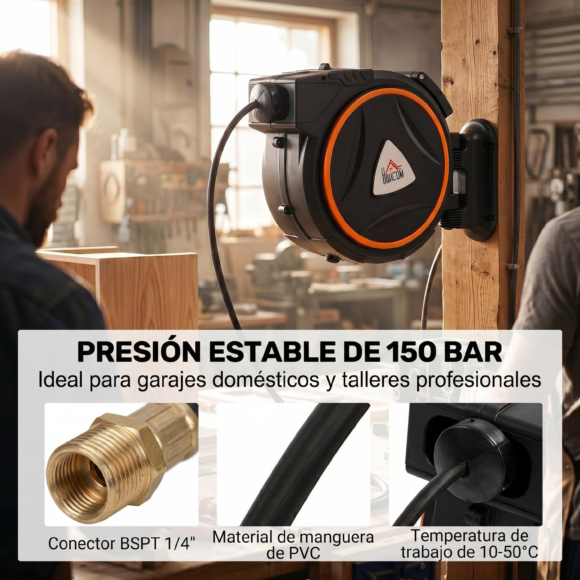 HOMCOM Carrete de Manguera de Aire Comprimido Automático de 20 m+2 m, Conector de 1/4'' BSP, Manguera Compresor Aire con Soporte para Pared Giratorio 180°, Negro