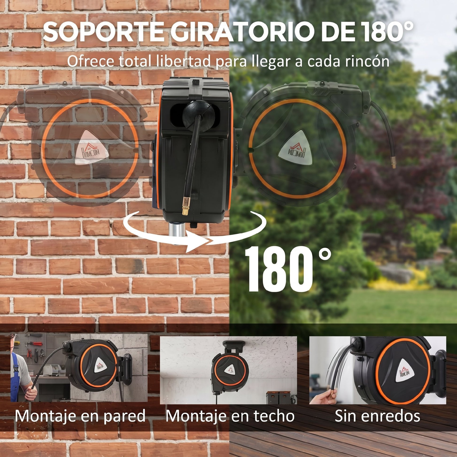 HOMCOM Carrete de Manguera de Aire Comprimido Automático de 20 m+2 m, Conector de 1/4'' BSP, Manguera Compresor Aire con Soporte para Pared Giratorio 180°, Negro