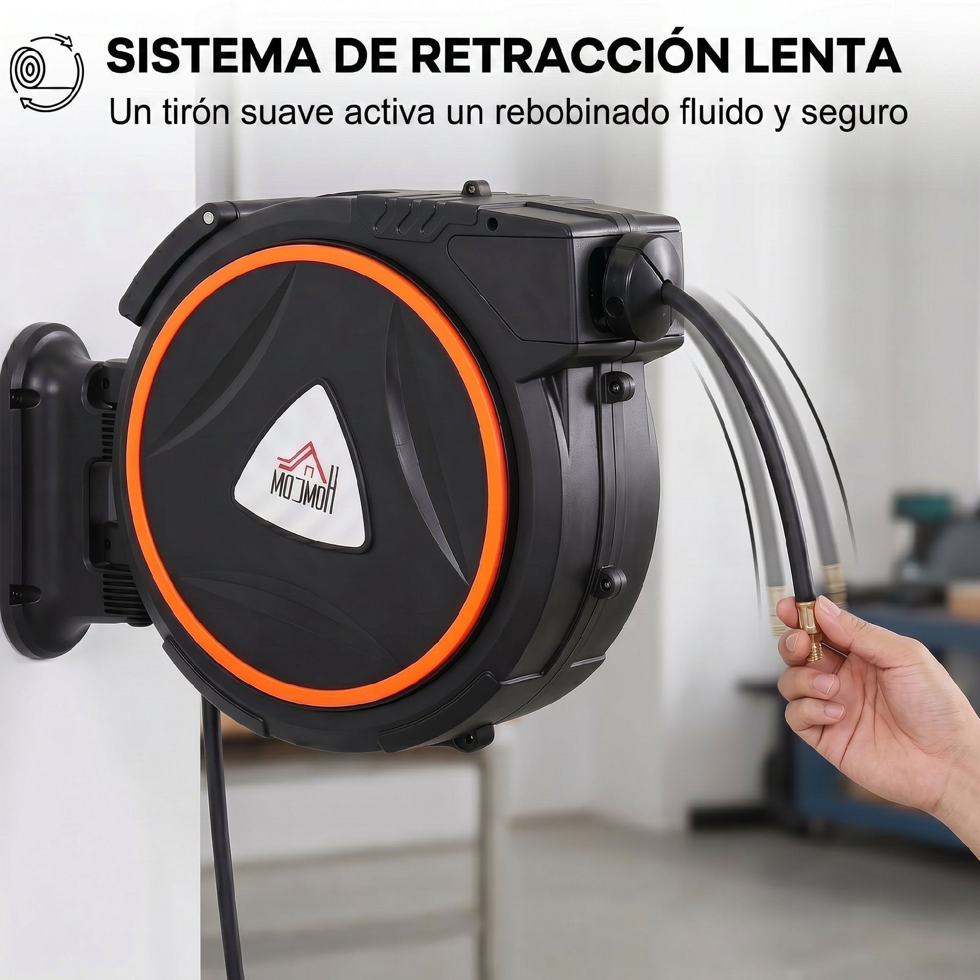 HOMCOM Carrete de Manguera de Aire Comprimido Automático de 20 m+2 m, Conector de 1/4'' BSP, Manguera Compresor Aire con Soporte para Pared Giratorio 180°, Negro