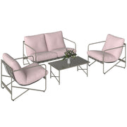 Outsunny Conjunto de Jardín Exterior de 4 Piezas, Muebles Jardín Exterior con Sofá de 2 Plazas, 2 Sillones, Mesa de Vidrio Templado, Cojines Gruesos, para Terraza, Rosa