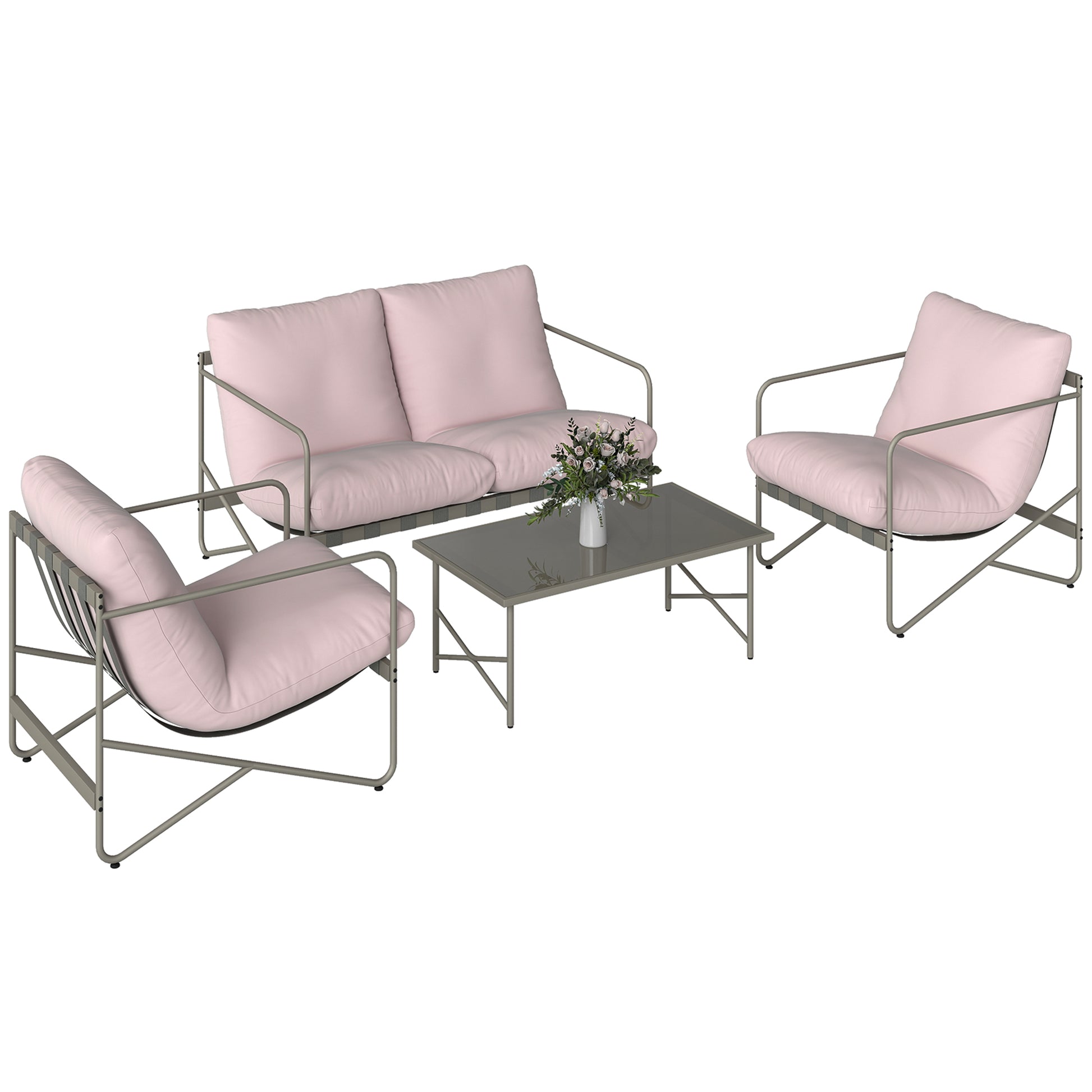 Outsunny Conjunto de Jardín Exterior de 4 Piezas, Muebles Jardín Exterior con Sofá de 2 Plazas, 2 Sillones, Mesa de Vidrio Templado, Cojines Gruesos, para Terraza, Rosa