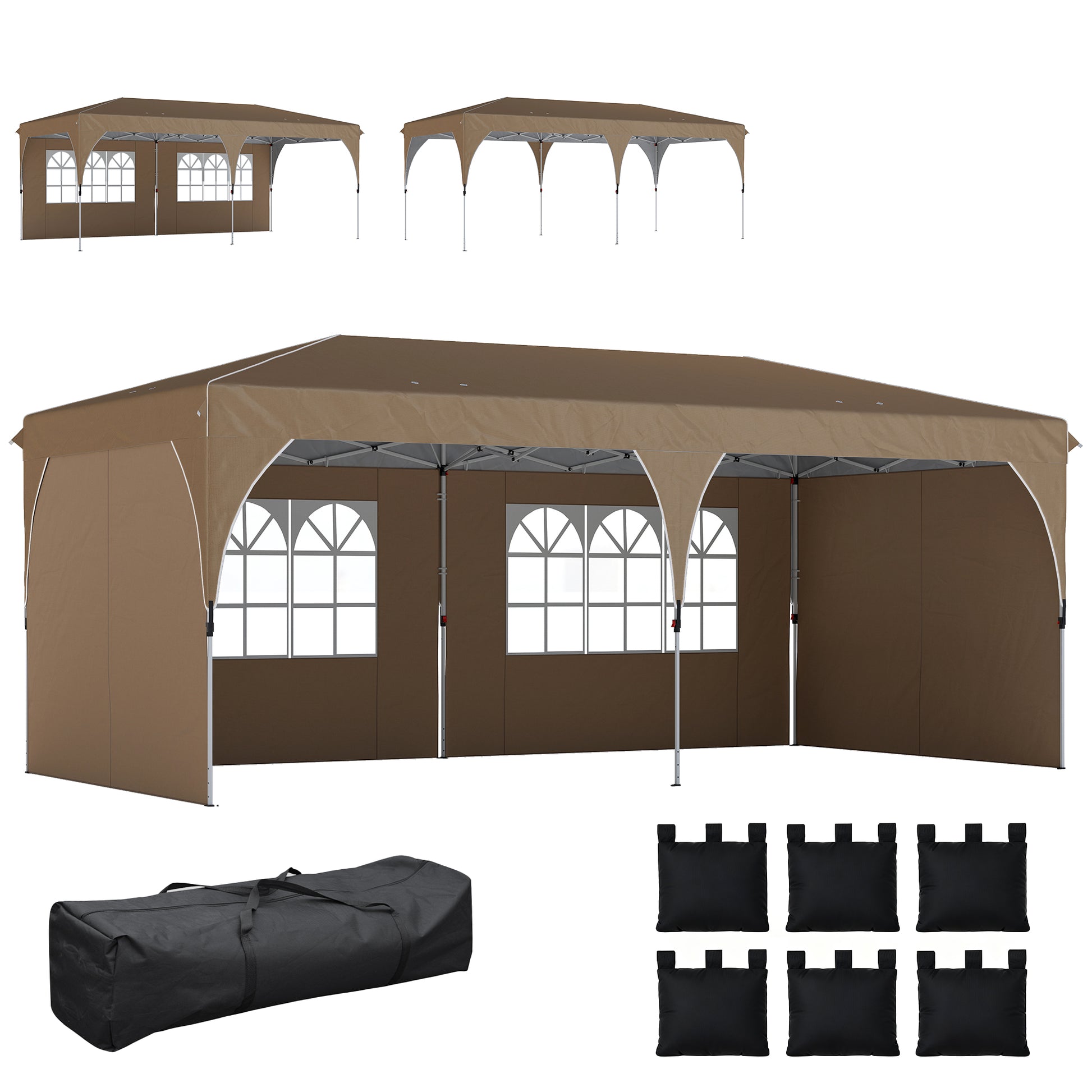 Outsunny Carpa Plegable 6x3 m, Pop-up, con 4 Laterales Extraíbles, Cenador de Jardín con Tiras Reflectantes, Altura Ajustable, Sistema Central de Bloqueo, UPF50+, Impermeable, Bolsa Transporte, Beige