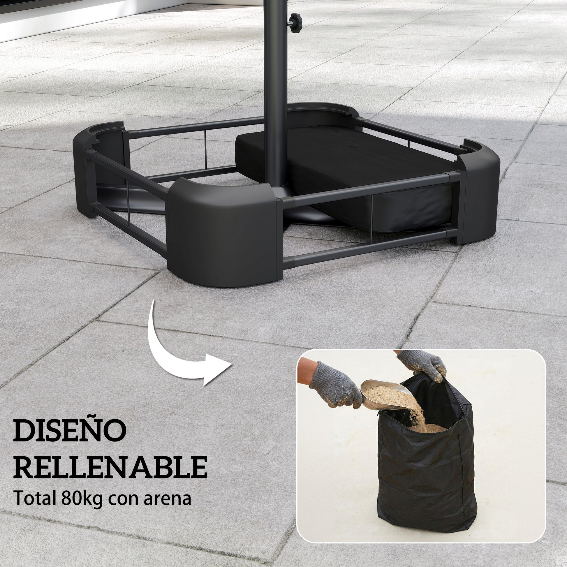 Outsunny Base para Sombrilla Cuadrada con Funda, Soporte de Parasol con Bolsas de Arena, Pie para Sombrilla con Postes Ø48 mm, Rellenable de Arena 80 kg Arena Húmeda 90 kg, para Jardín, Terraza, Negro