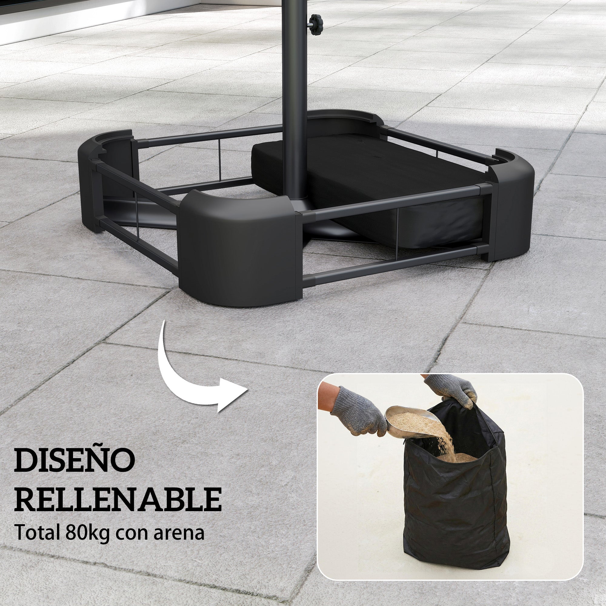 Outsunny Base para Sombrilla Cuadrada con Funda, Soporte de Parasol con Bolsas de Arena, Pie para Sombrilla con Postes Ø48 mm, Rellenable de Arena 80 kg Arena Húmeda 90 kg, para Jardín, Terraza, Negro