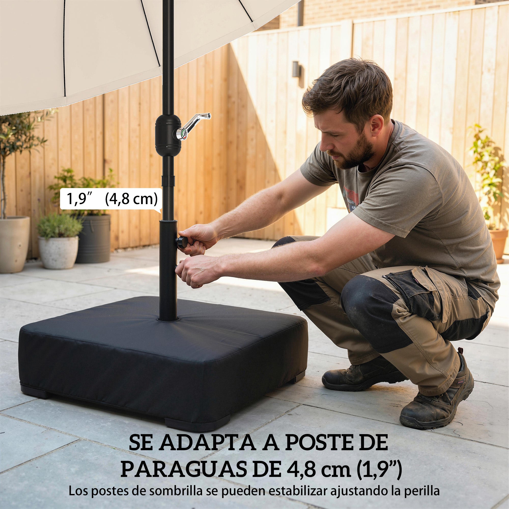 Outsunny Base para Sombrilla Cuadrada con Funda, Soporte de Parasol con Bolsas de Arena, Pie para Sombrilla con Postes Ø48 mm, Rellenable de Arena 80 kg Arena Húmeda 90 kg, para Jardín, Terraza, Negro