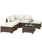 Outsunny Conjunto de Jardín de Ratán de 6 Piezas, Conjunto Terraza Resistente, Muebles Jardín Exterior Incluye Cojines, 4 Módulos de Asiento, 1 Sofá Esquinero y Mesa Centro de Vidrio, Marrón Mixto