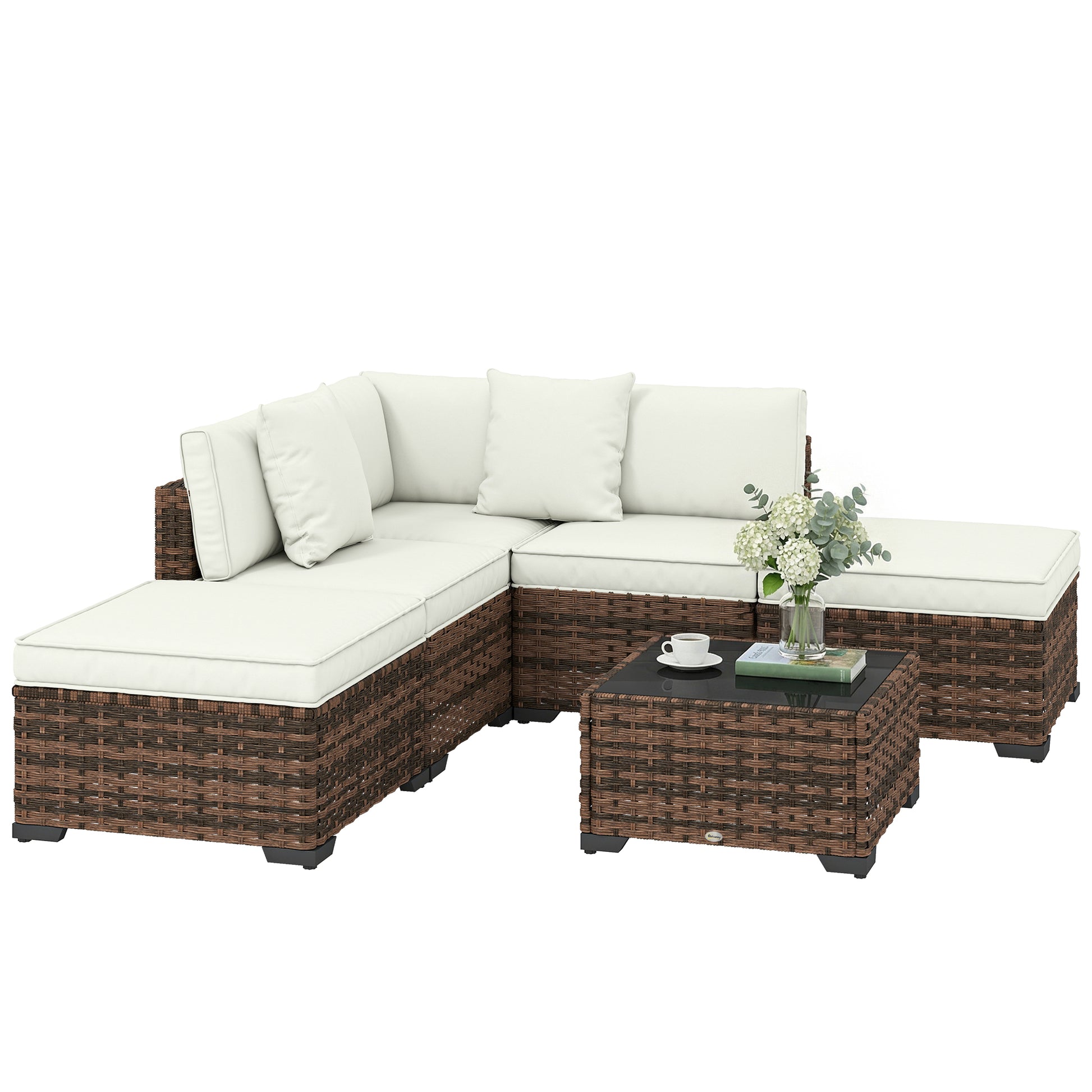 Outsunny Conjunto de Jardín de Ratán de 6 Piezas, Conjunto Terraza Resistente, Muebles Jardín Exterior Incluye Cojines, 4 Módulos de Asiento, 1 Sofá Esquinero y Mesa Centro de Vidrio, Marrón Mixto