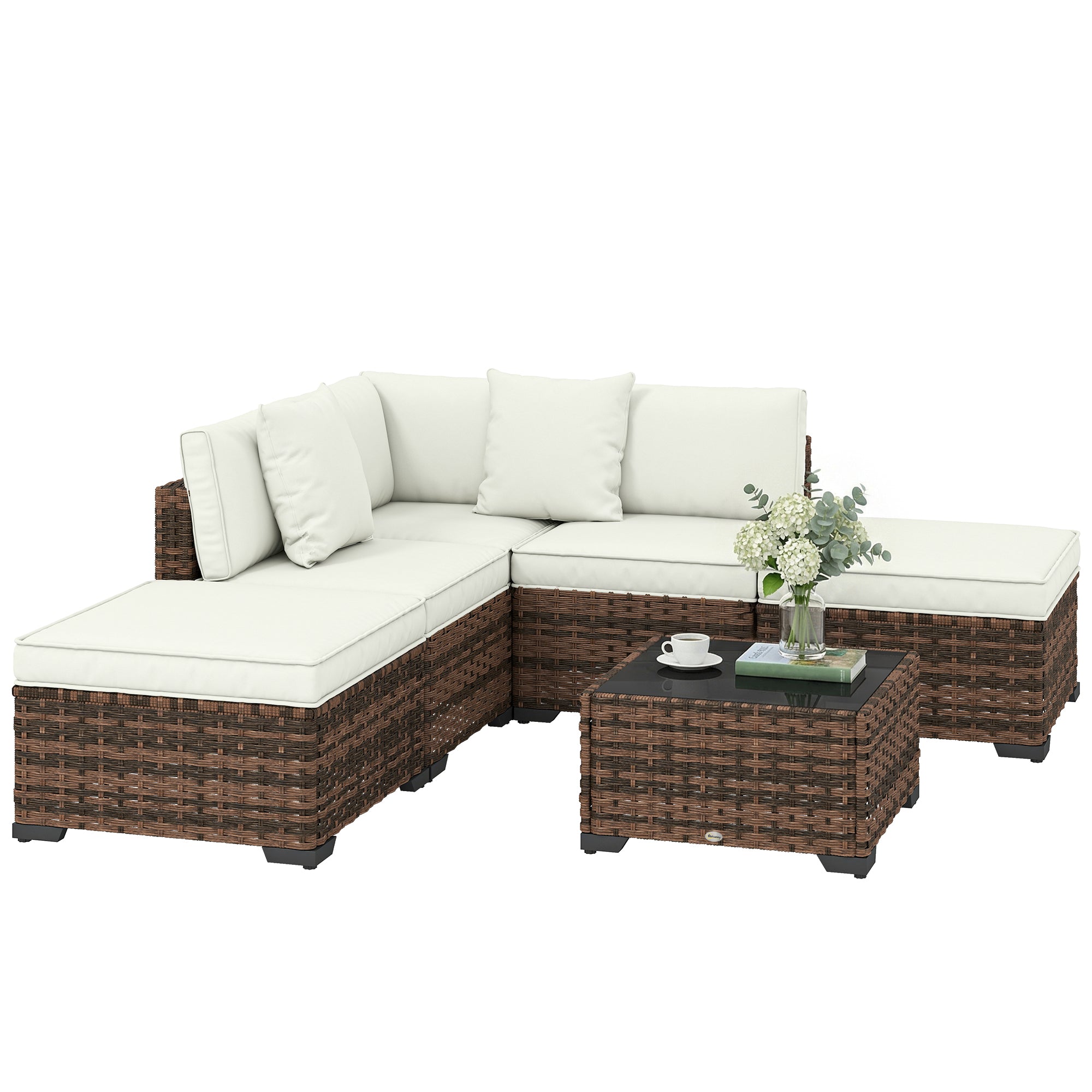 Outsunny Conjunto de Jardín de Ratán de 6 Piezas, Conjunto Terraza Resistente, Muebles Jardín Exterior Incluye Cojines, 4 Módulos de Asiento, 1 Sofá Esquinero y Mesa Centro de Vidrio, Marrón Mixto