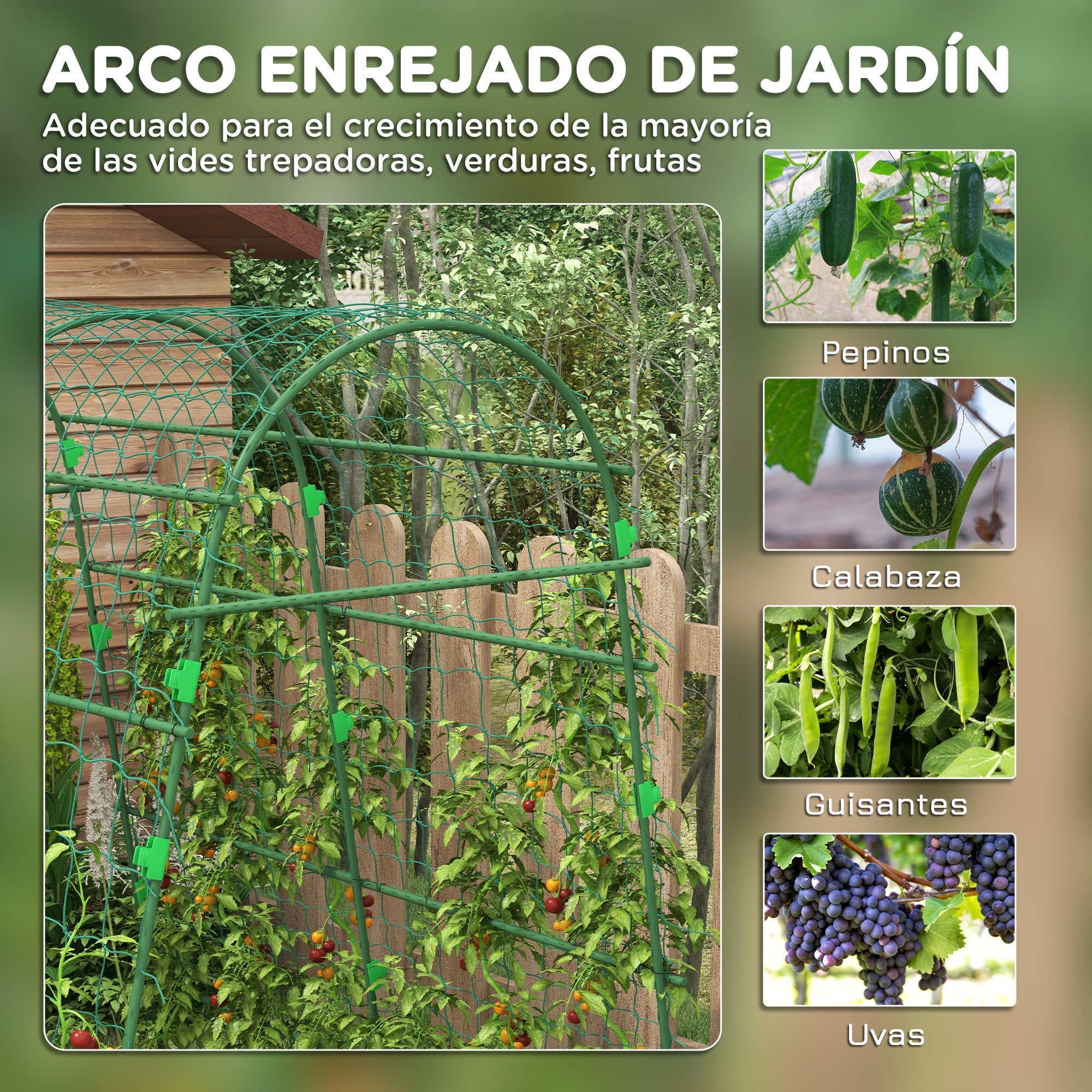 Outsunny Enrejado de Pepino 206 cm, Enrejado de Jardín de Arco para Plantas Trepadoras al Aire Libre, en Forma de U, con Estructura de Acero Recubierta de PE y Red, Soporte para Verduras, Frutas