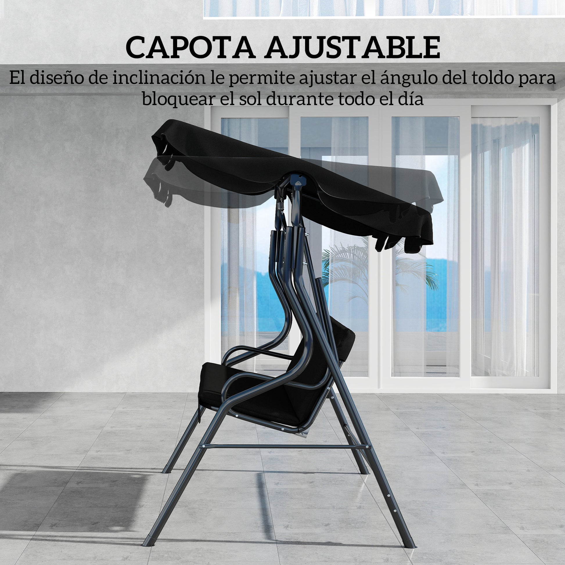 Outsunny Columpio de Jardín de 2-3 Plazas, Balancín de Exterior con Toldo Ajustable en Ángulo, Impermeable y Marco de Acero, para Patio, Balcón, 170x110x153 cm, Negro