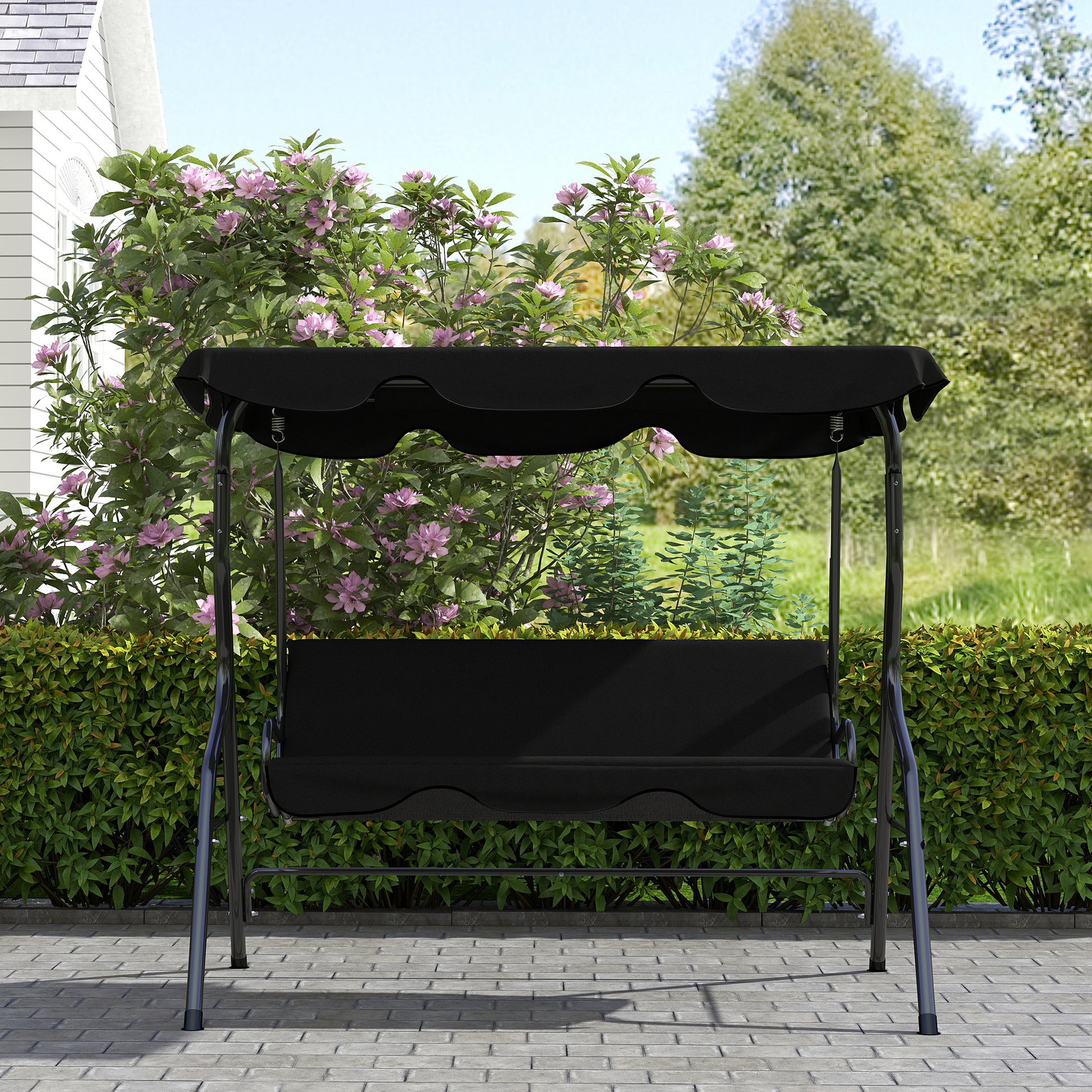 Outsunny Columpio de Jardín de 2-3 Plazas, Balancín de Exterior con Toldo Ajustable en Ángulo, Impermeable y Marco de Acero, para Patio, Balcón, 170x110x153 cm, Negro