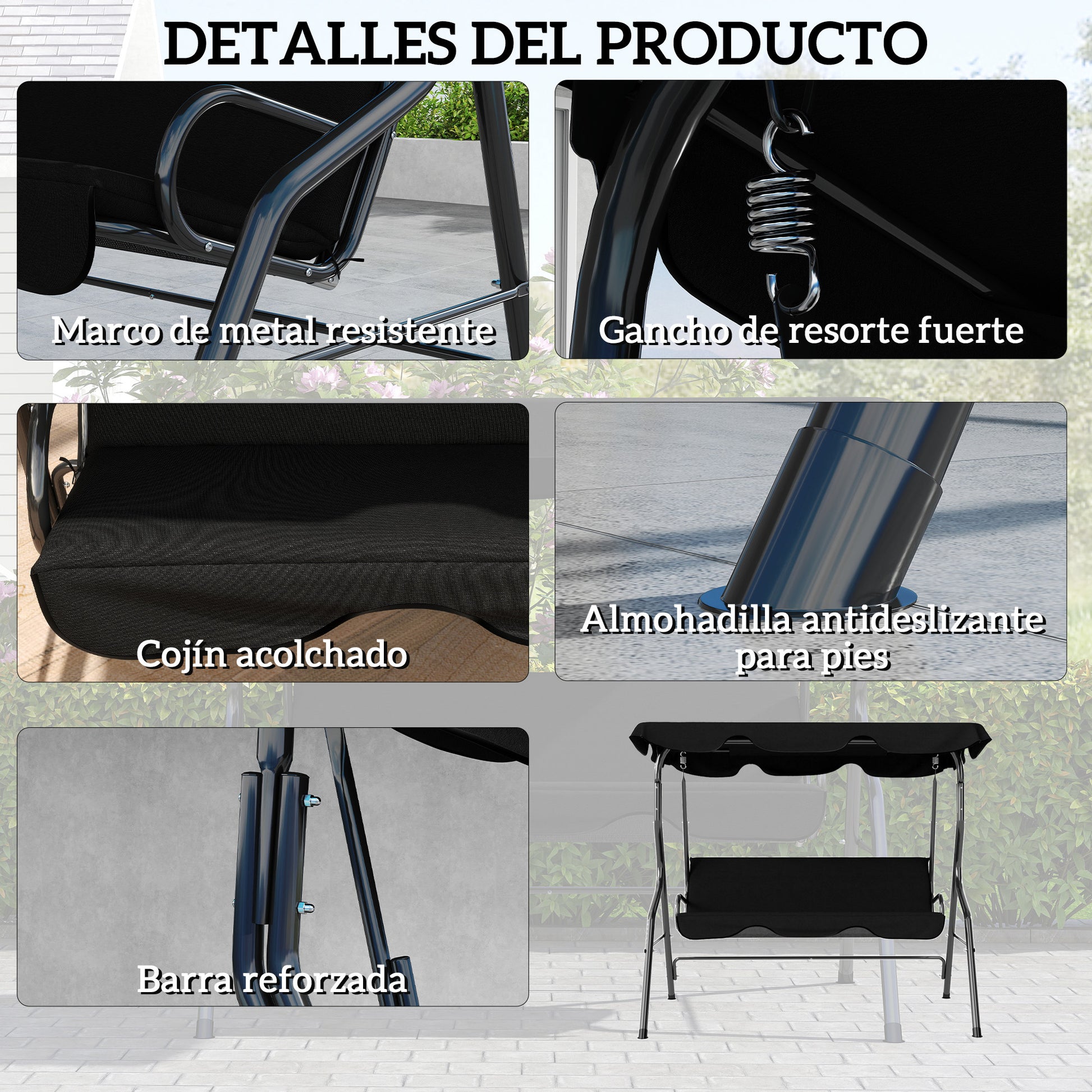 Outsunny Columpio de Jardín de 2-3 Plazas, Balancín de Exterior con Toldo Ajustable en Ángulo, Impermeable y Marco de Acero, para Patio, Balcón, 170x110x153 cm, Negro