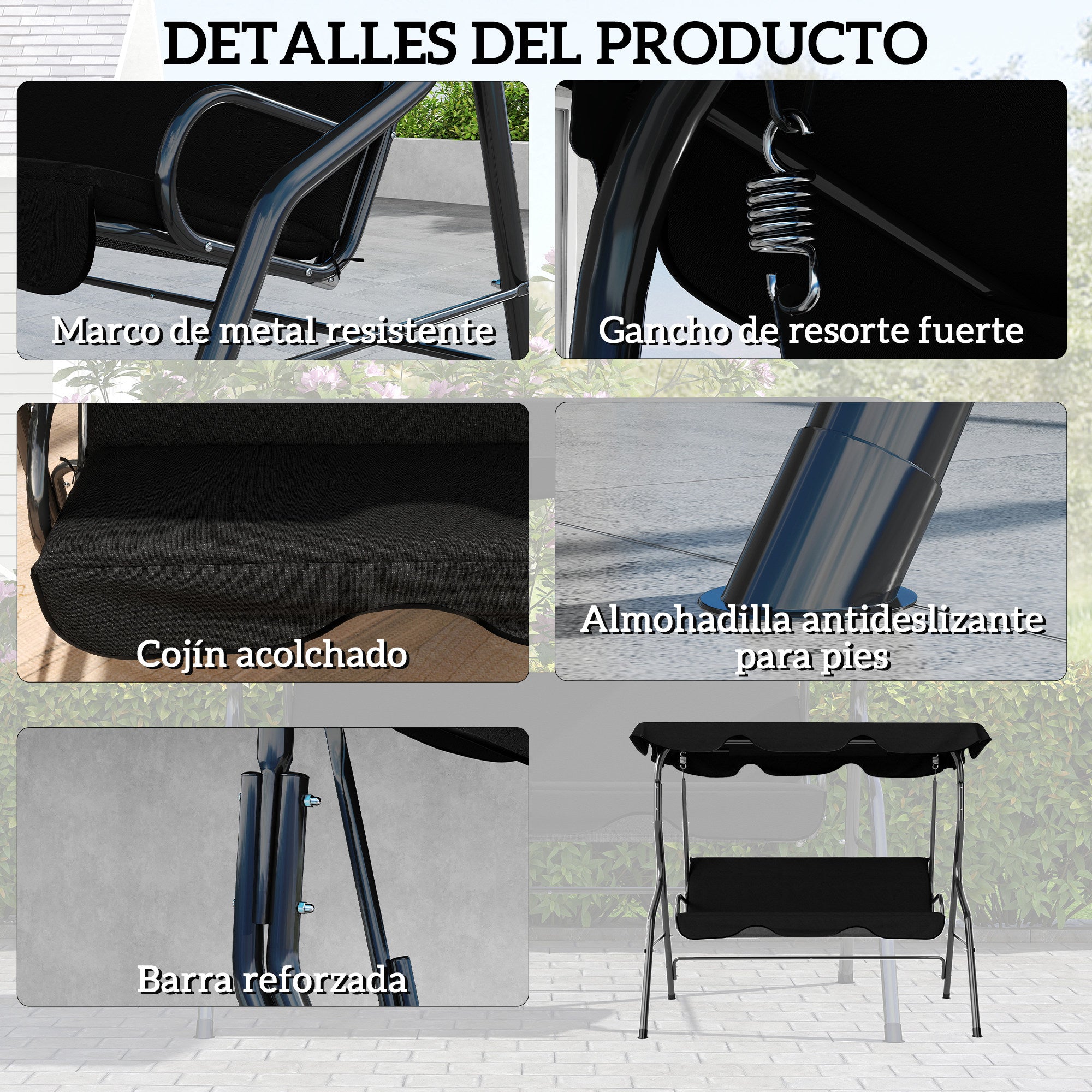 Outsunny Columpio de Jardín de 2-3 Plazas, Balancín de Exterior con Toldo Ajustable en Ángulo, Impermeable y Marco de Acero, para Patio, Balcón, 170x110x153 cm, Negro