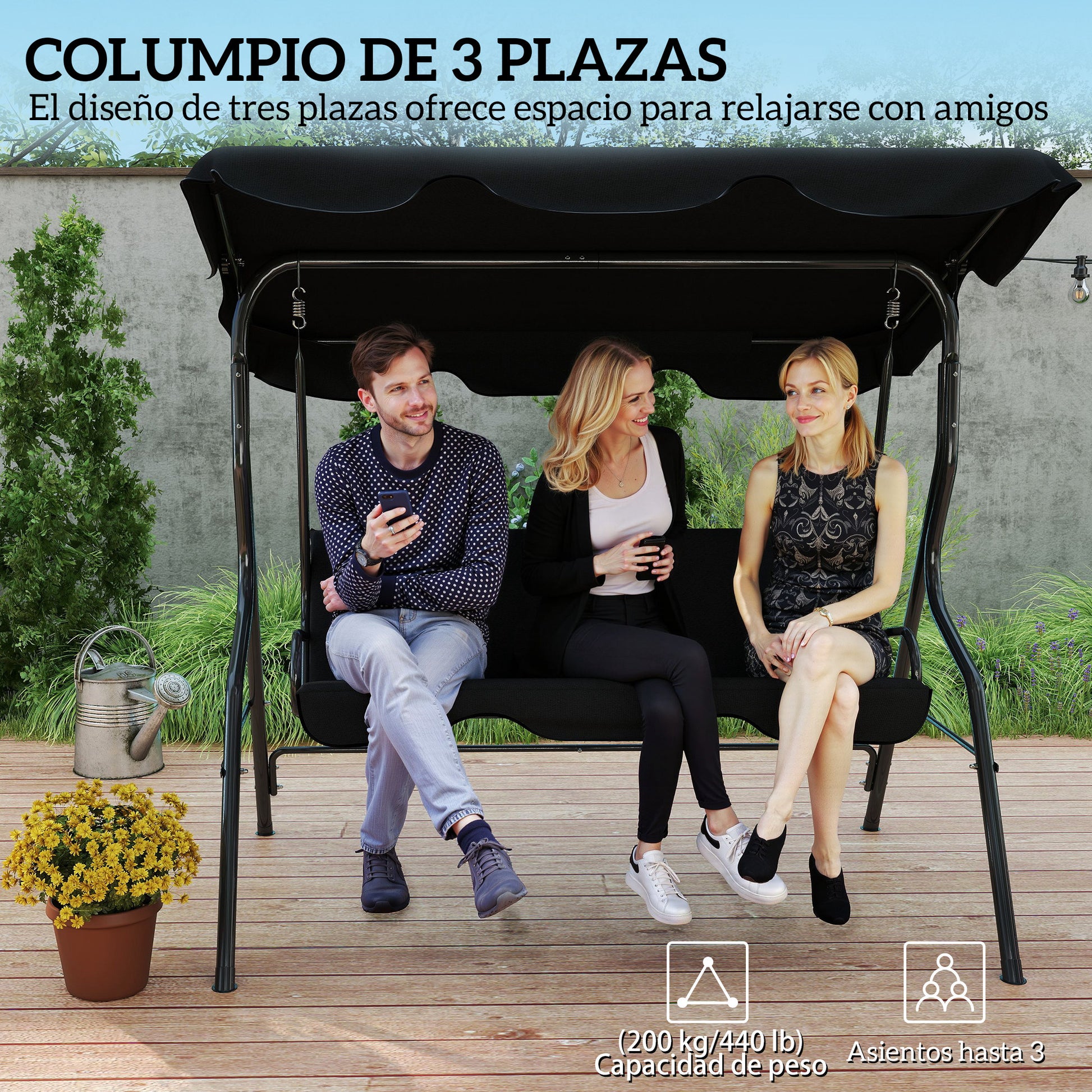 Outsunny Columpio de Jardín de 2-3 Plazas, Balancín de Exterior con Toldo Ajustable en Ángulo, Impermeable y Marco de Acero, para Patio, Balcón, 170x110x153 cm, Negro