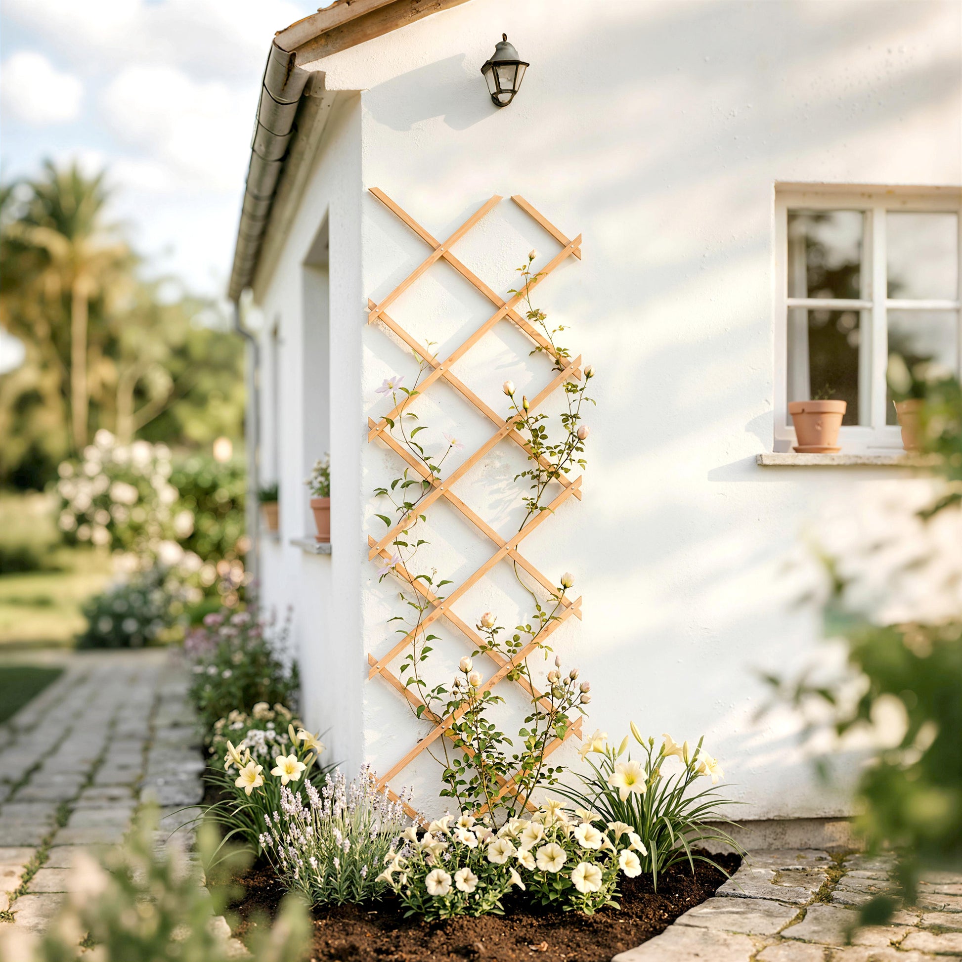 Outsunny Enrejado de Jardín de Madera Extensible, Soporte para Plantas Trepadoras, Rosas, Parra, Decoración Exterior para Patio, Balcón, 180x60 cm, Marrón Claro