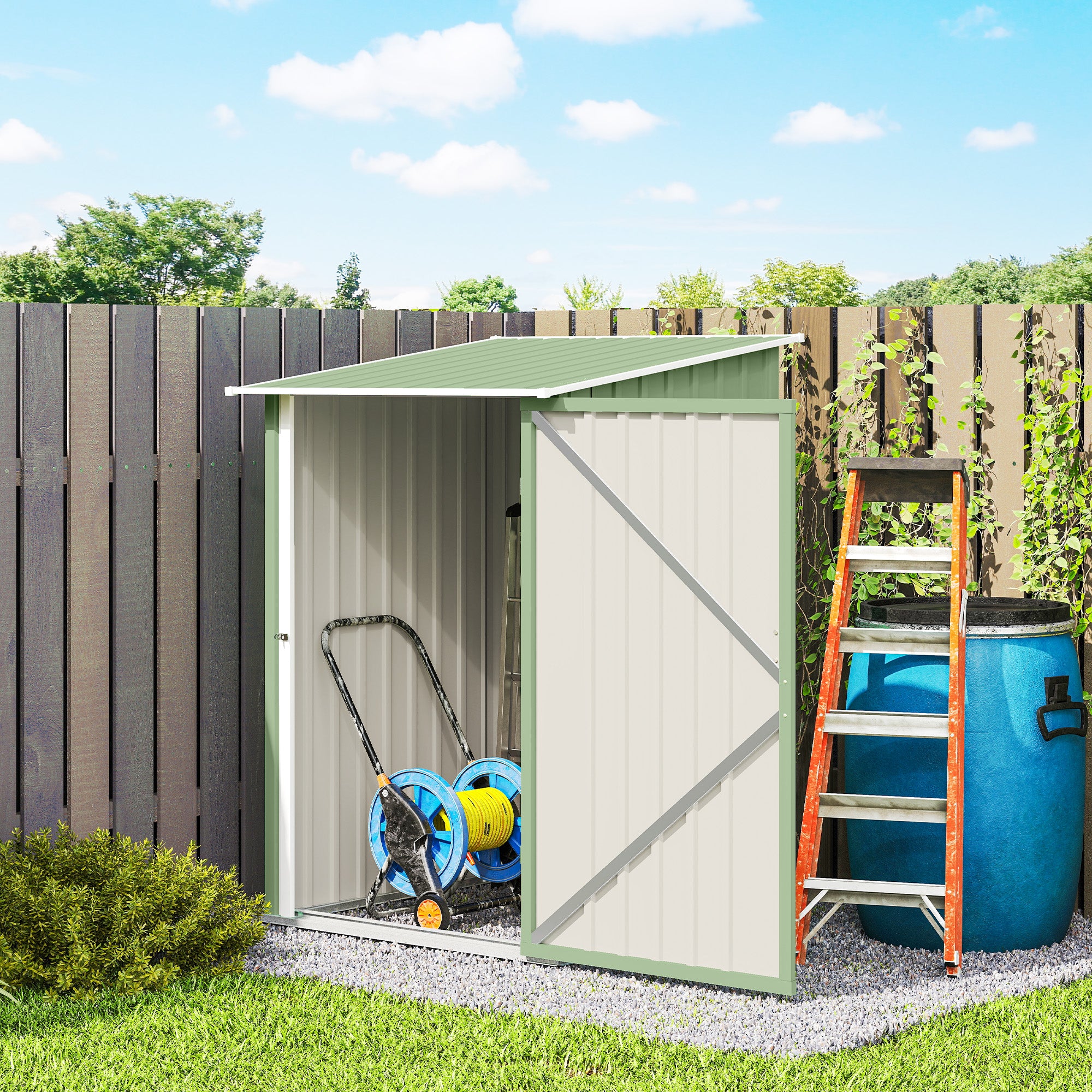Outsunny Cobertizo de Jardín Exterior, 0,92 m², 100x103x160 cm, Caseta de Jardín Exterior Metálica con 1 Puerta y Cerradura, para Almacenamiento de Herramientas, para Patio, Terraza, Verde Claro
