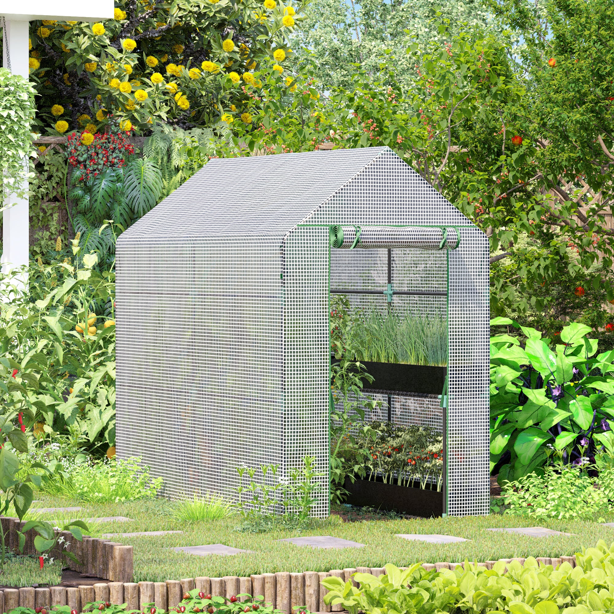 Outsunny Invernadero de Jardín Vivero Casero con 4 Estantes Puerta Enrollable Cubierta de PE 140g/m² y Marco de Acero para Cultivos Plantas Macetas Flores 120x186x190 cm Blanco