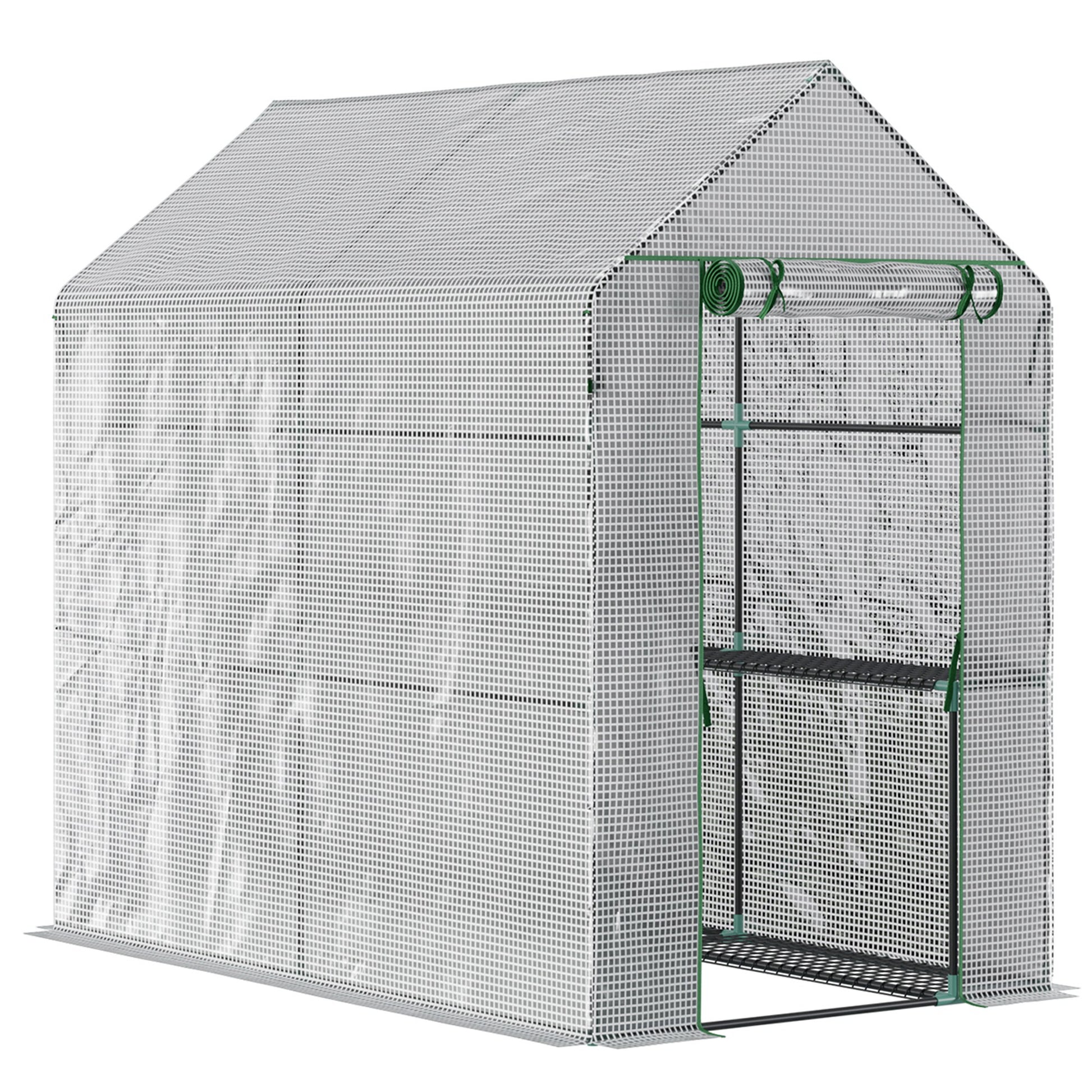 Outsunny Invernadero de Jardín Vivero Casero con 4 Estantes Puerta Enrollable Cubierta de PE 140g/m² y Marco de Acero para Cultivos Plantas Macetas Flores 120x186x190 cm Blanco