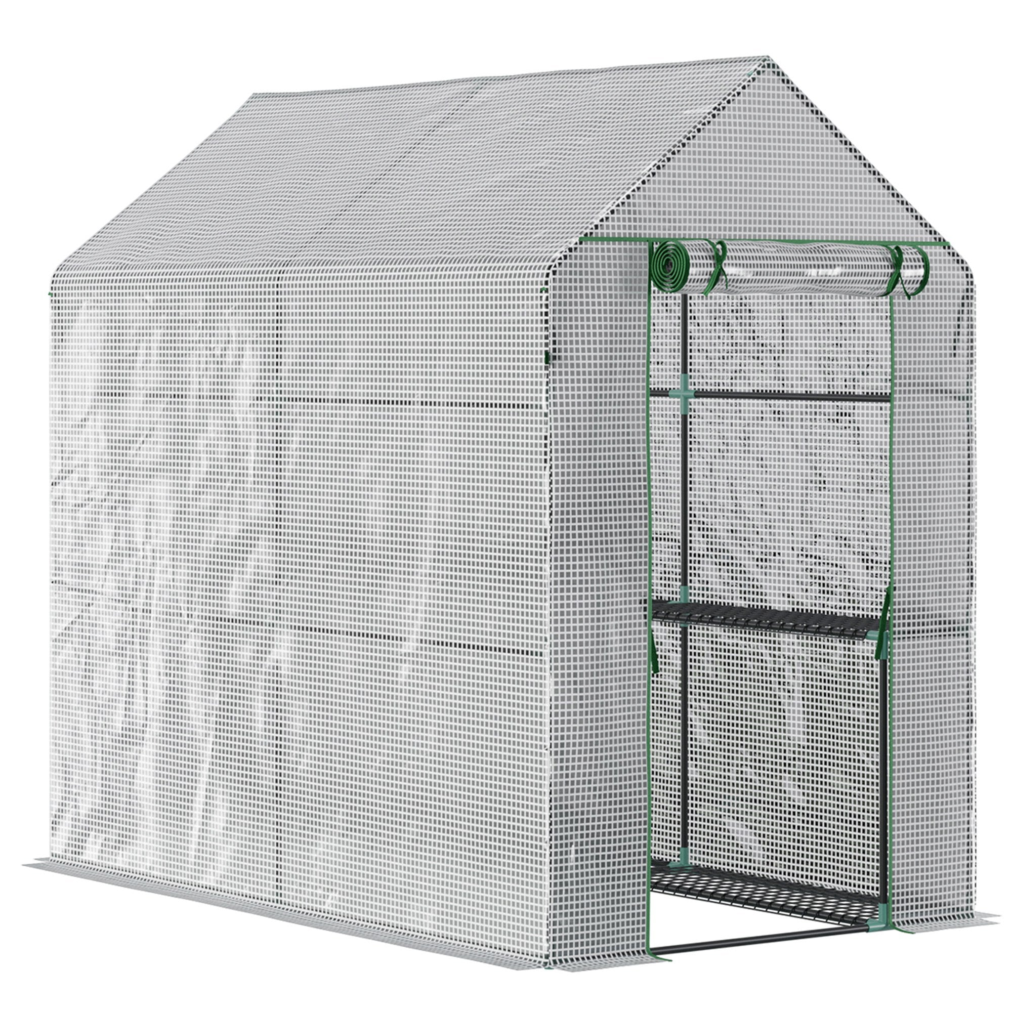 Outsunny Invernadero de Jardín Vivero Casero con 4 Estantes Puerta Enrollable Cubierta de PE 140g/m² y Marco de Acero para Cultivos Plantas Macetas Flores 120x186x190 cm Blanco