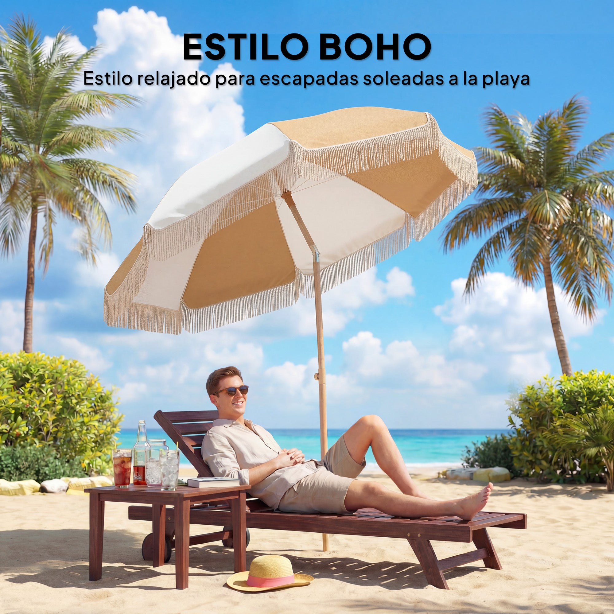 Outsunny Sombrilla de Playa con Flecos Ø175 cm, Sombrilla de Terraza Exterior con Altura Ajustable, Inclinación 30°, Anclaje Arena, UPF30+ y Bolsa de Transporte, Blanco y Beige