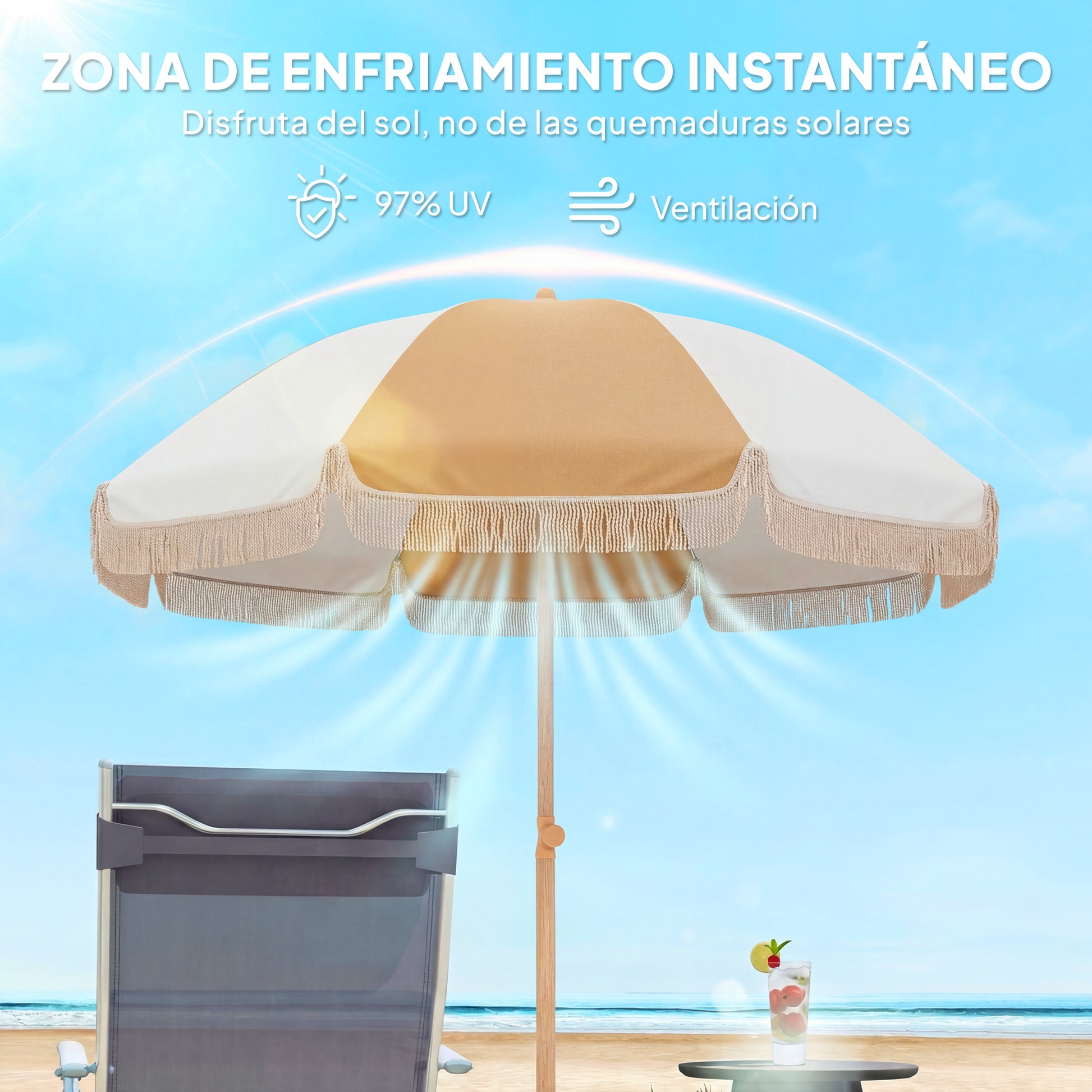Outsunny Sombrilla de Playa con Flecos Ø175 cm, Sombrilla de Terraza Exterior con Altura Ajustable, Inclinación 30°, Anclaje Arena, UPF30+ y Bolsa de Transporte, Blanco y Beige