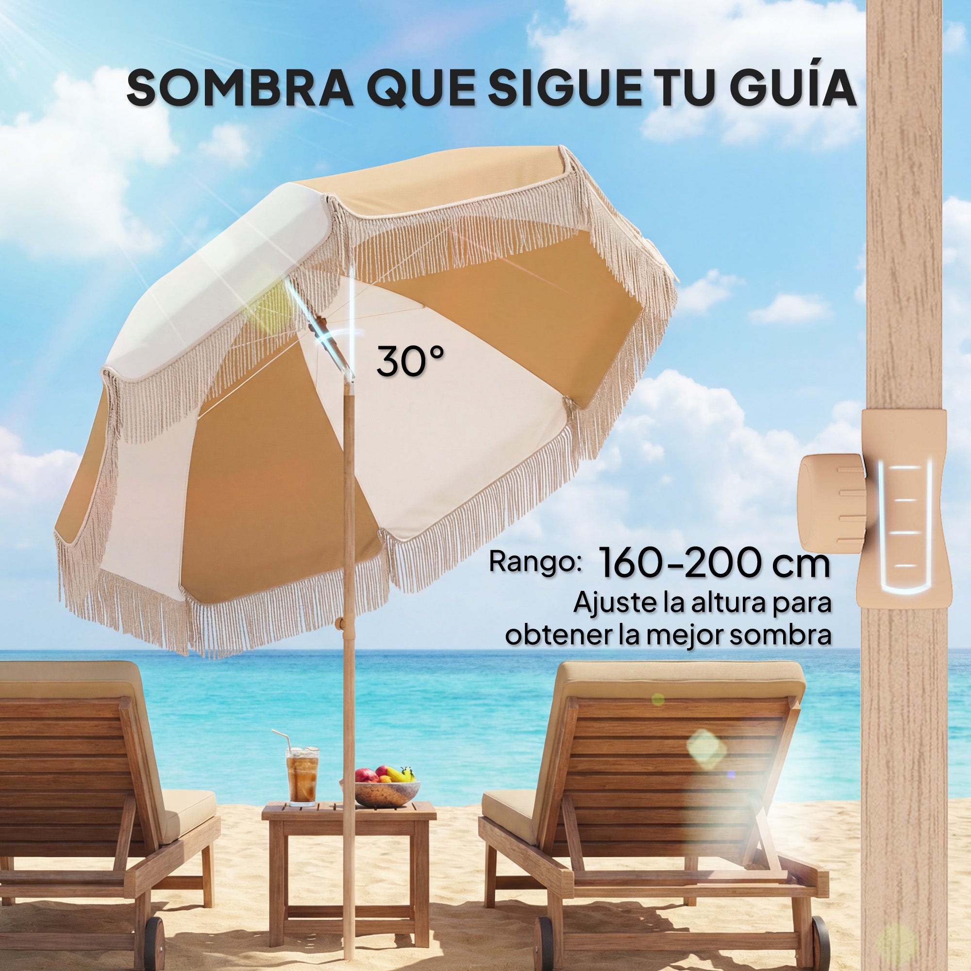 Outsunny Sombrilla de Playa con Flecos Ø175 cm, Sombrilla de Terraza Exterior con Altura Ajustable, Inclinación 30°, Anclaje Arena, UPF30+ y Bolsa de Transporte, Blanco y Beige