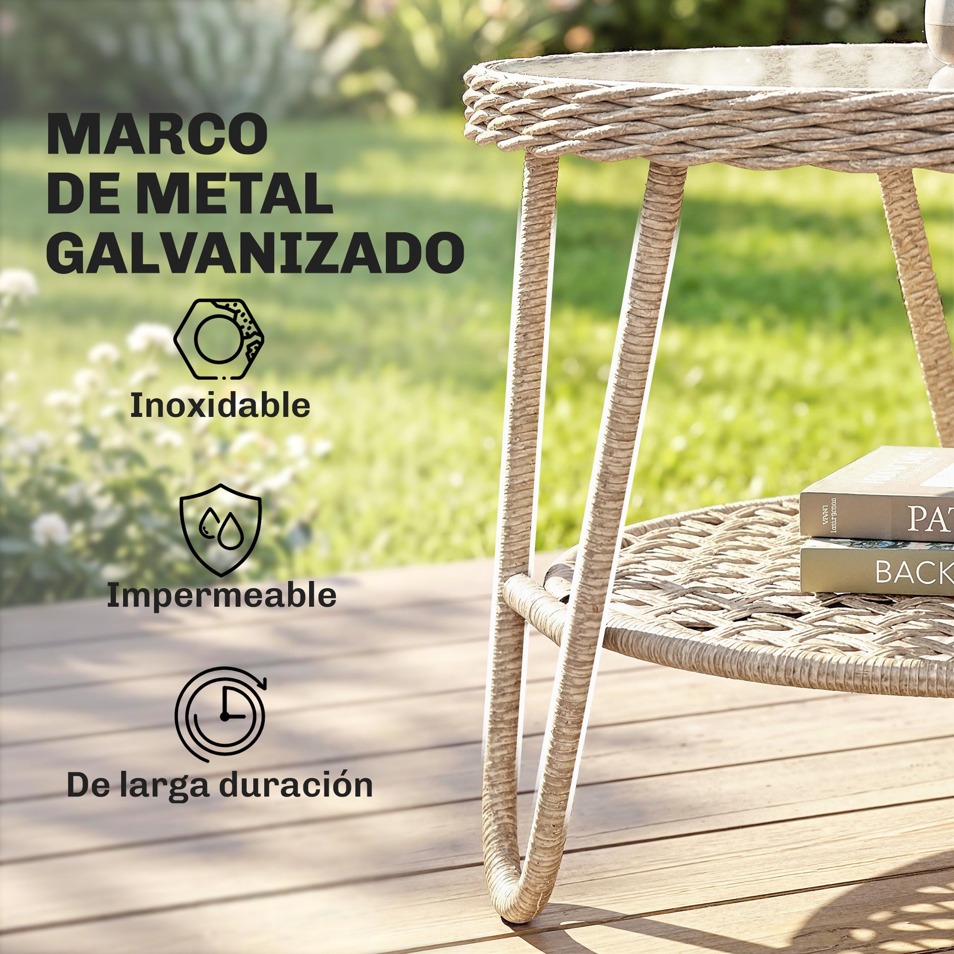 Outsunny Mesa de Jardín Exterior de Ratán, Mesita Auxiliar de Jardín con Estante, Tablero de Vidrio Templado, Estructura de Metal, para Terraza, Patio, Balcón, 65x65x50 cm, Amarillo
