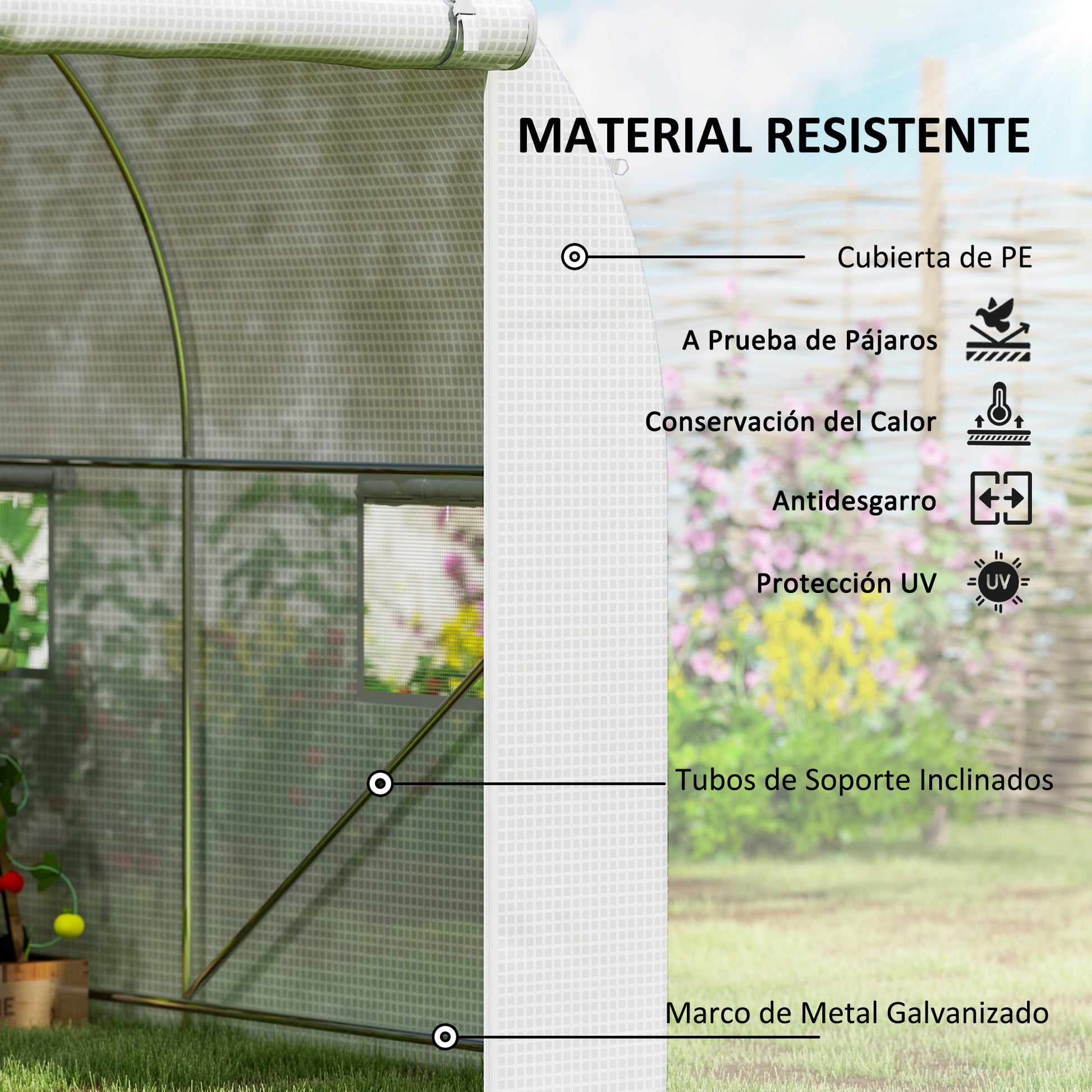 Outsunny Invernadero de Túnel 500x200x205 cm Invernadero de Jardín con Puerta Enrollable y 8 Ventanas Cubierta PE 140 g/m² Marco de Metal para Cultivo Plantas Verduras Blanco
