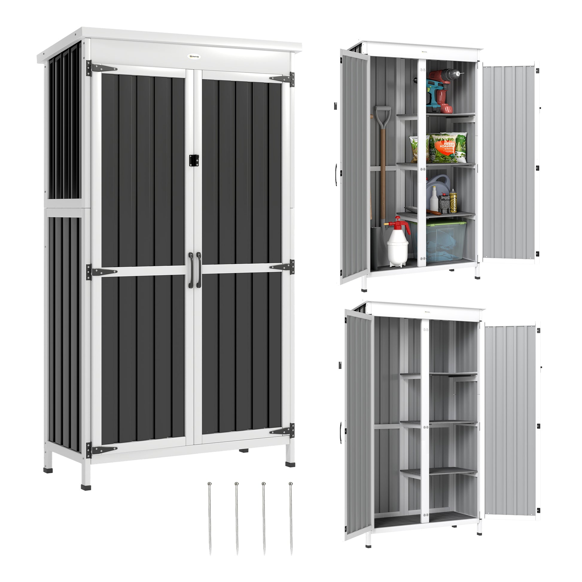 Outsunny Caseta de Jardín de Madera y Acero 94x43x166 cm Cobertizo Jardín Exterior Armario para Herramientas con 2 Puertas Estantes Ajustables Techo Impermeable para Terraza Fijación con Estacas Negro