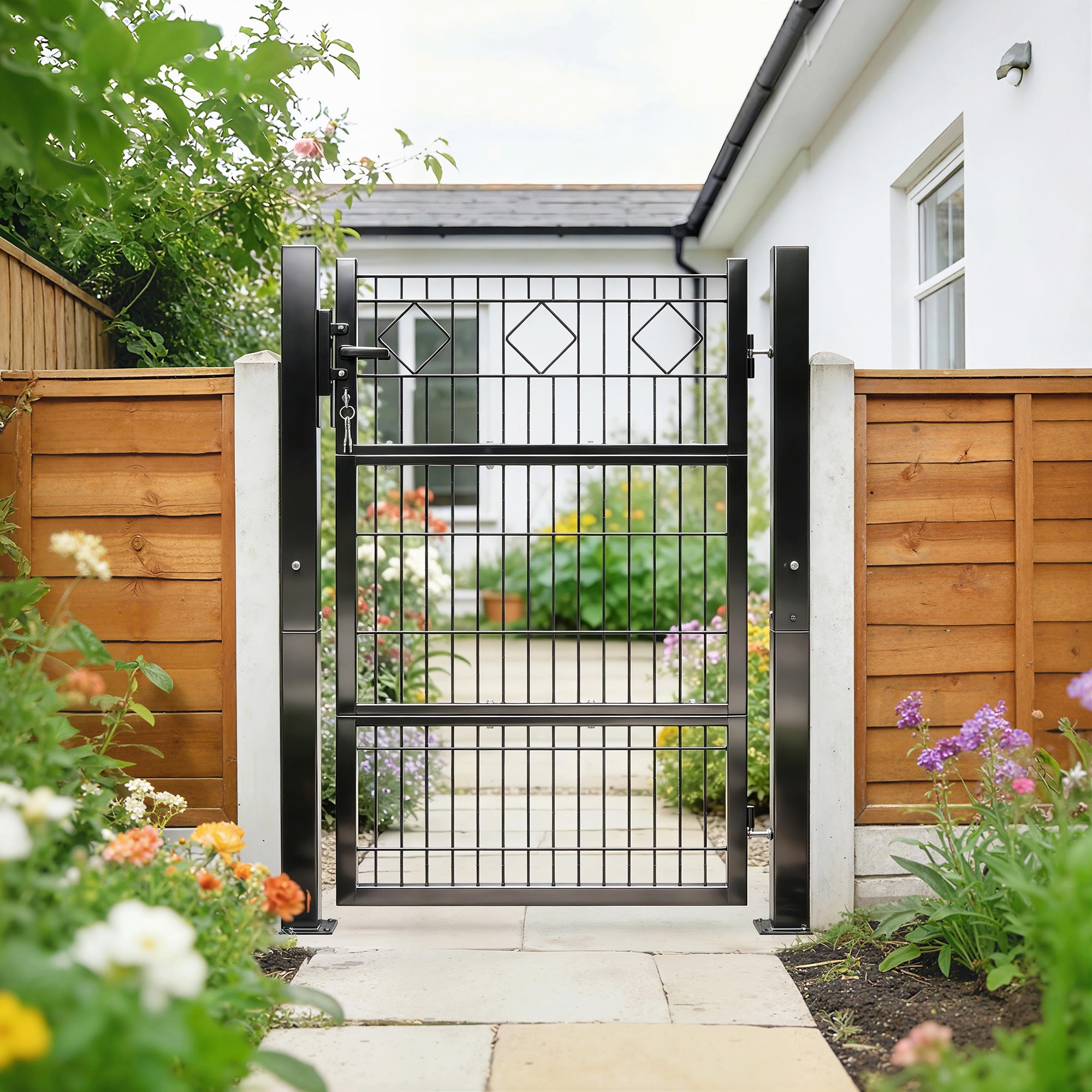 Outsunny Puerta de Jardín 100x131 cm, Puerta para Valla de Barra de Metal Galvanizado con Manilla, Cerradura, 3 Llaves y 2 Postes, para Entrada de Exterior, Terraza, Patio, Gris Oscuro