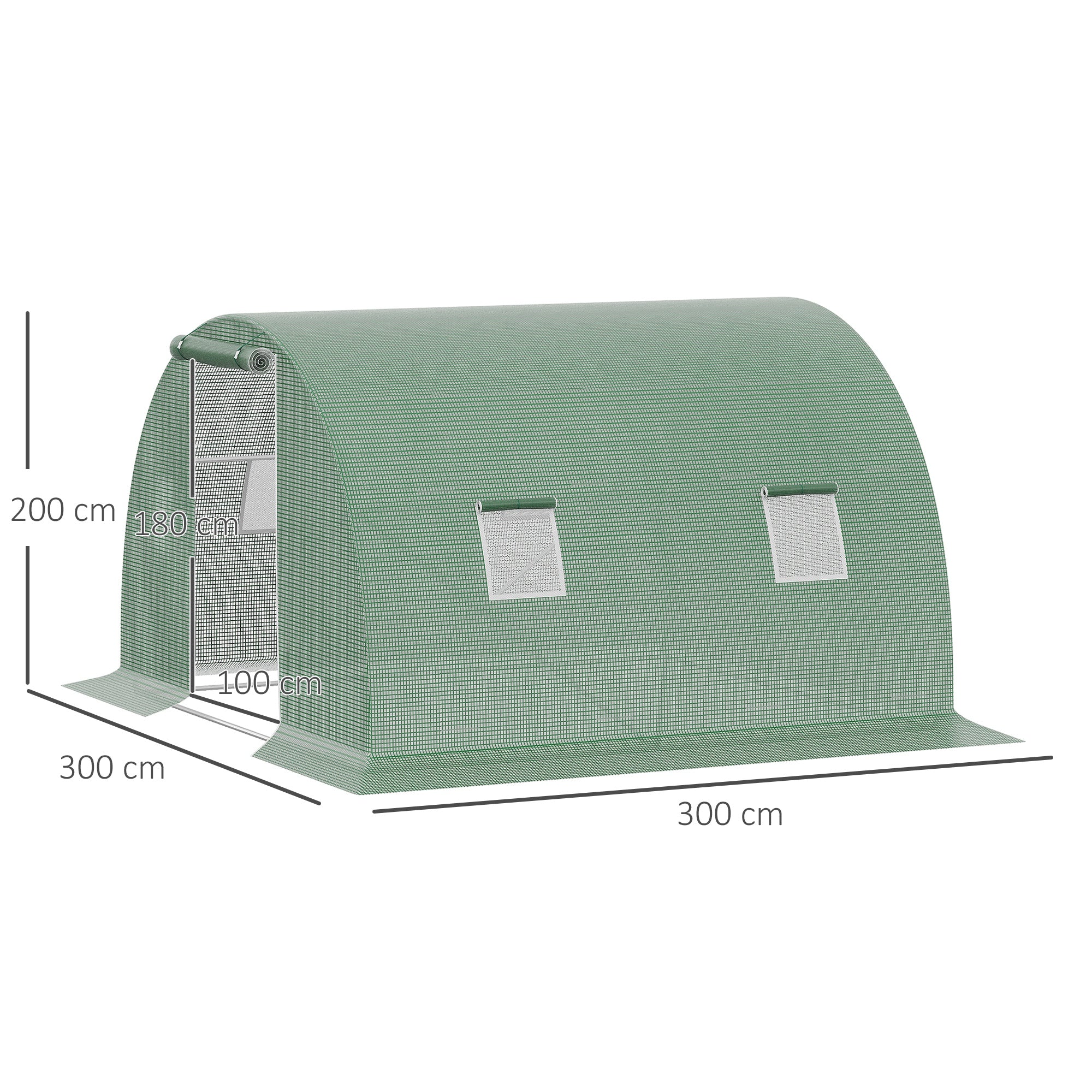 Outsunny Invernadero de Túnel 3x3x2 m, Invernadero de Jardín con Puerta Enrollable, 4 Ventanas de Malla, Cubierta PE 140g/m², Estructura de Acero Galvanizado, para Cultivos, Plantas, Flores, Verde