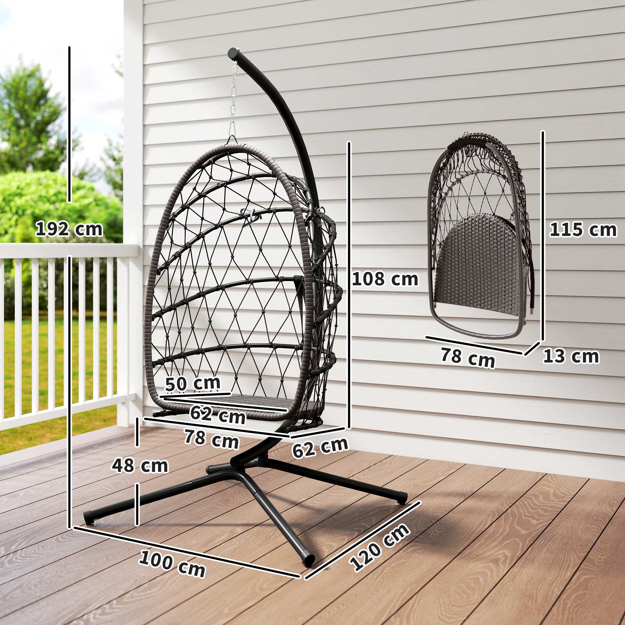 Outsunny Silla Colgante Huevo con Soporte, Columpio Jardín Exterior con Cesta Plegable de Ratán, Cojín Grueso, Reposacabezas, Funda Protectora y Cuerda para Interior y Exterior, Carga 120 kg, Marrón