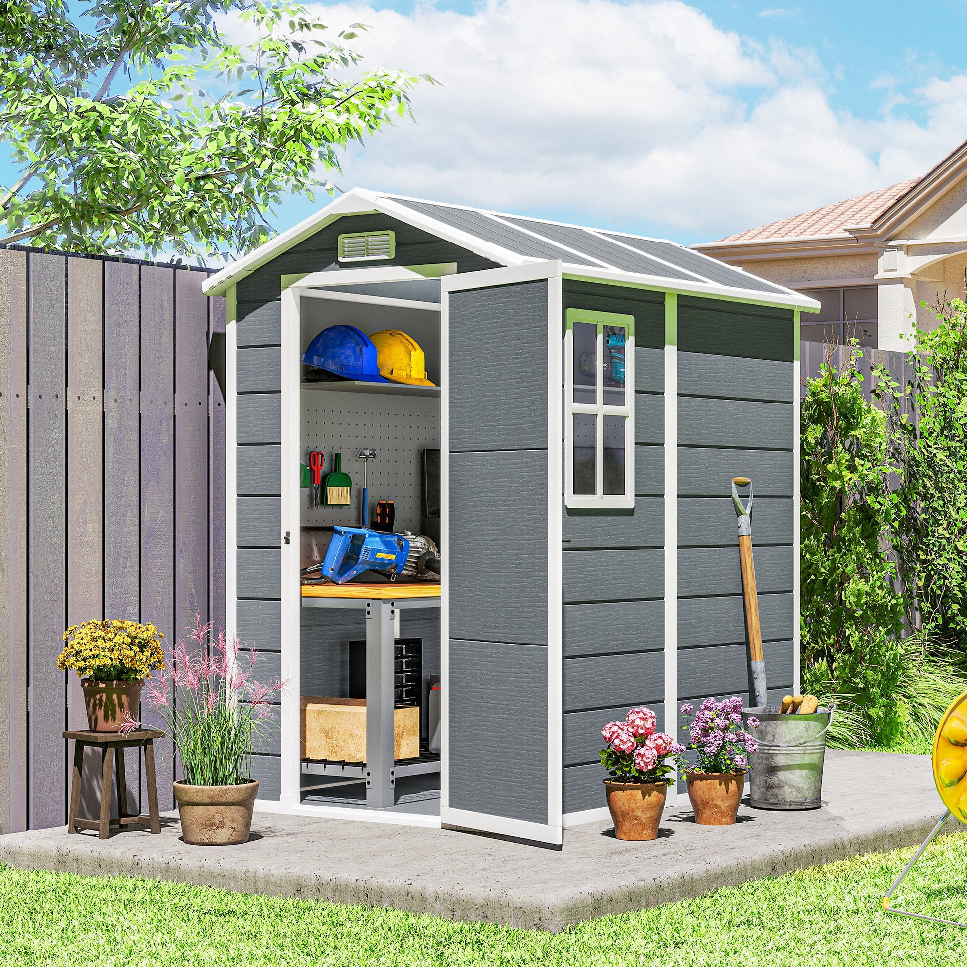 Outsunny Caseta de Jardín Exterior, 2,1 m², 131x186x198 cm, Cobertizo de Jardín Exterior con Suelo, Puerta con Cerradura, Ventana y 2 Ventilaciones, para Almacenamiento de Herramientas, Gris